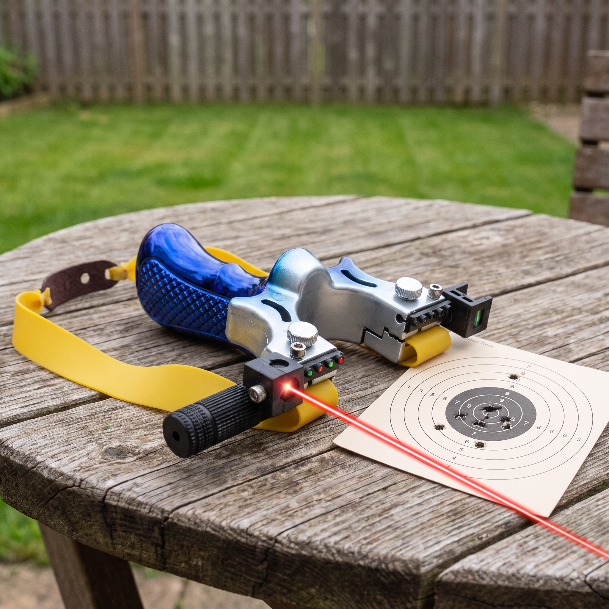 Metall-Schleuder mit Laserziel auf einem Gartentisch neben einer Zielscheibe