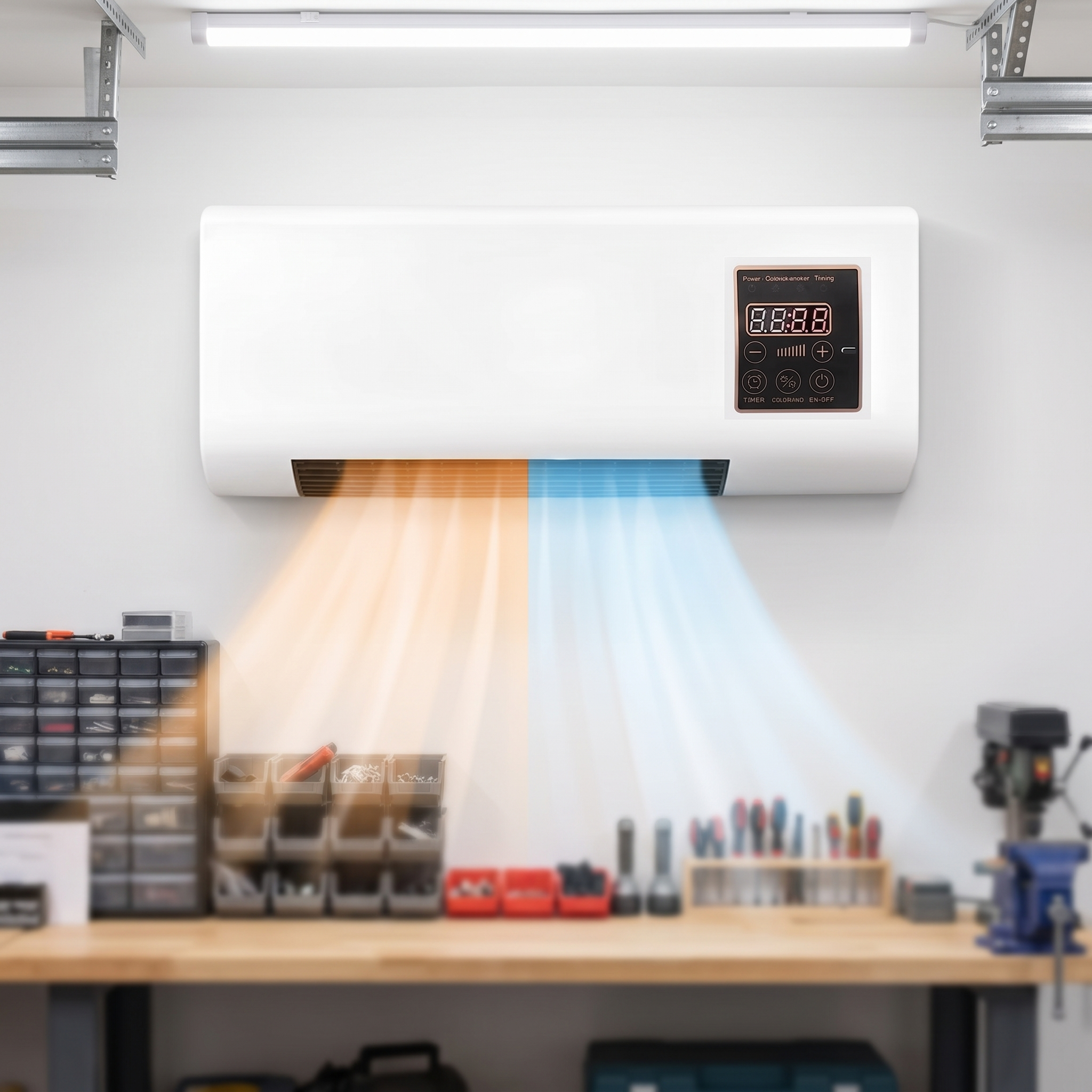 White wall-mounted air conditioner above a workbench in a garage