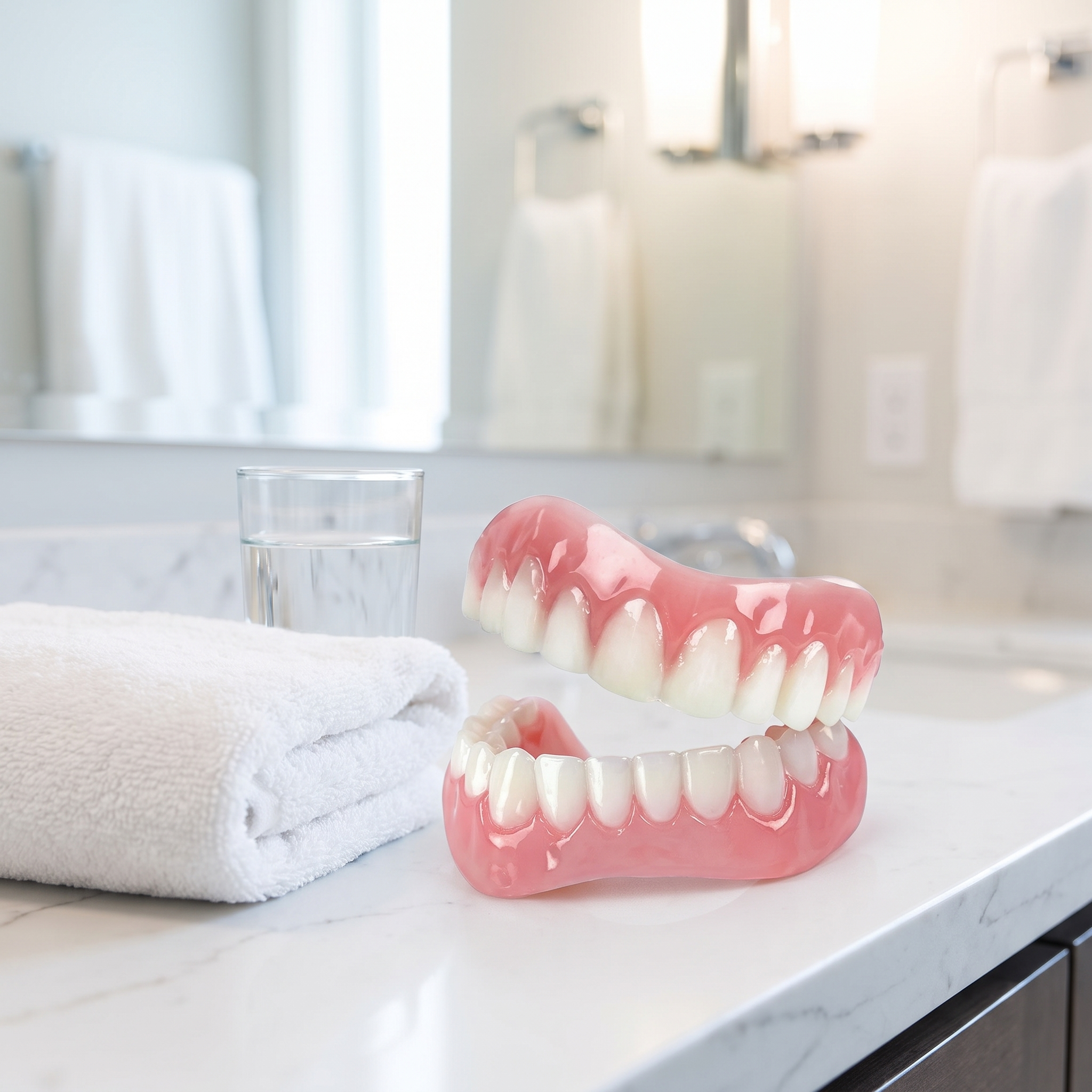 Silicone denture set on a bathroom counter