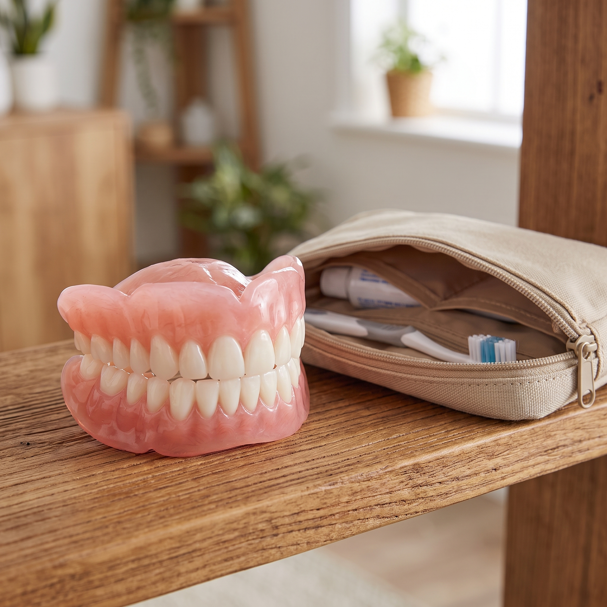 Silicone denture set on a wooden board next to a travel case