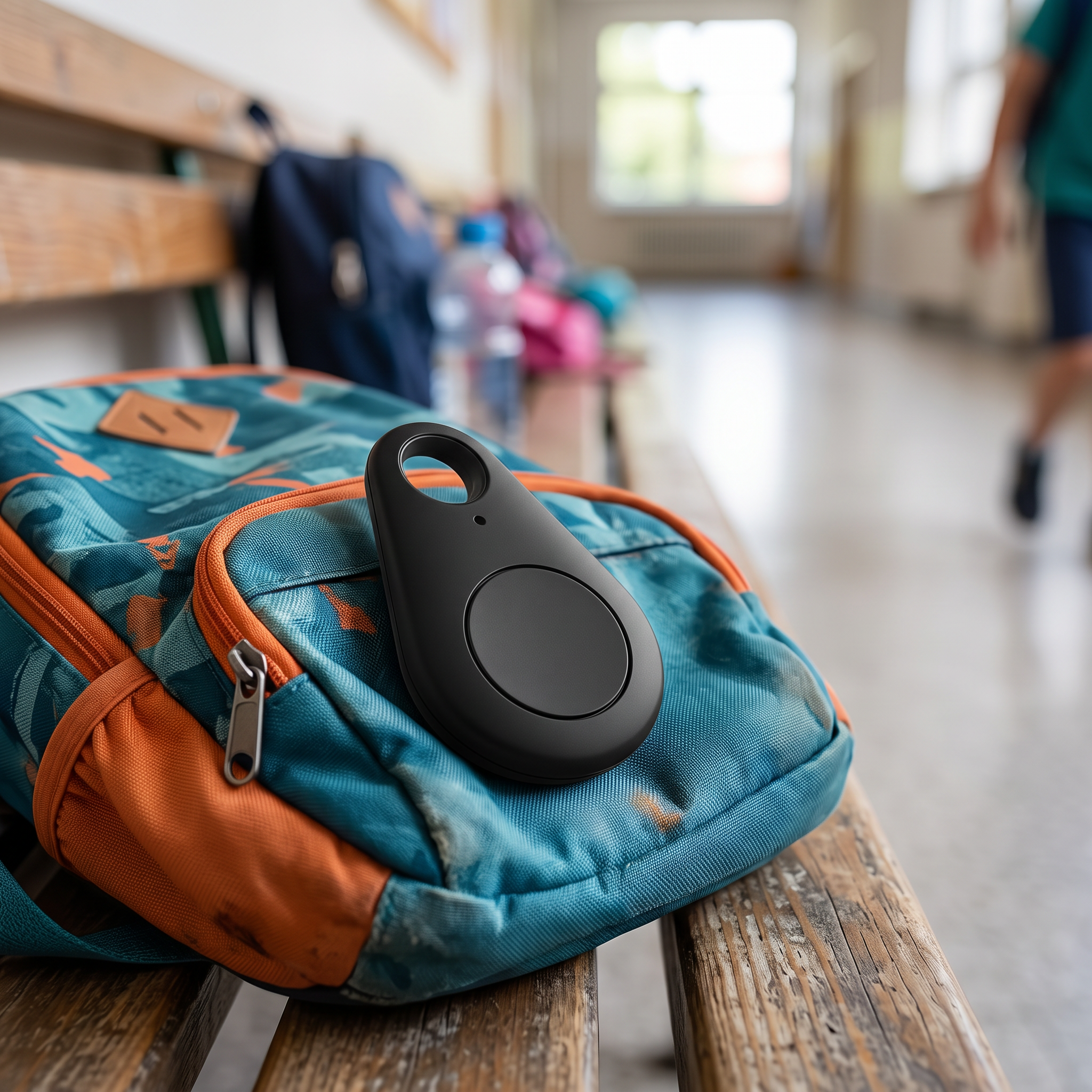 Traceur GPS étanche avec bouton SOS sur un cartable