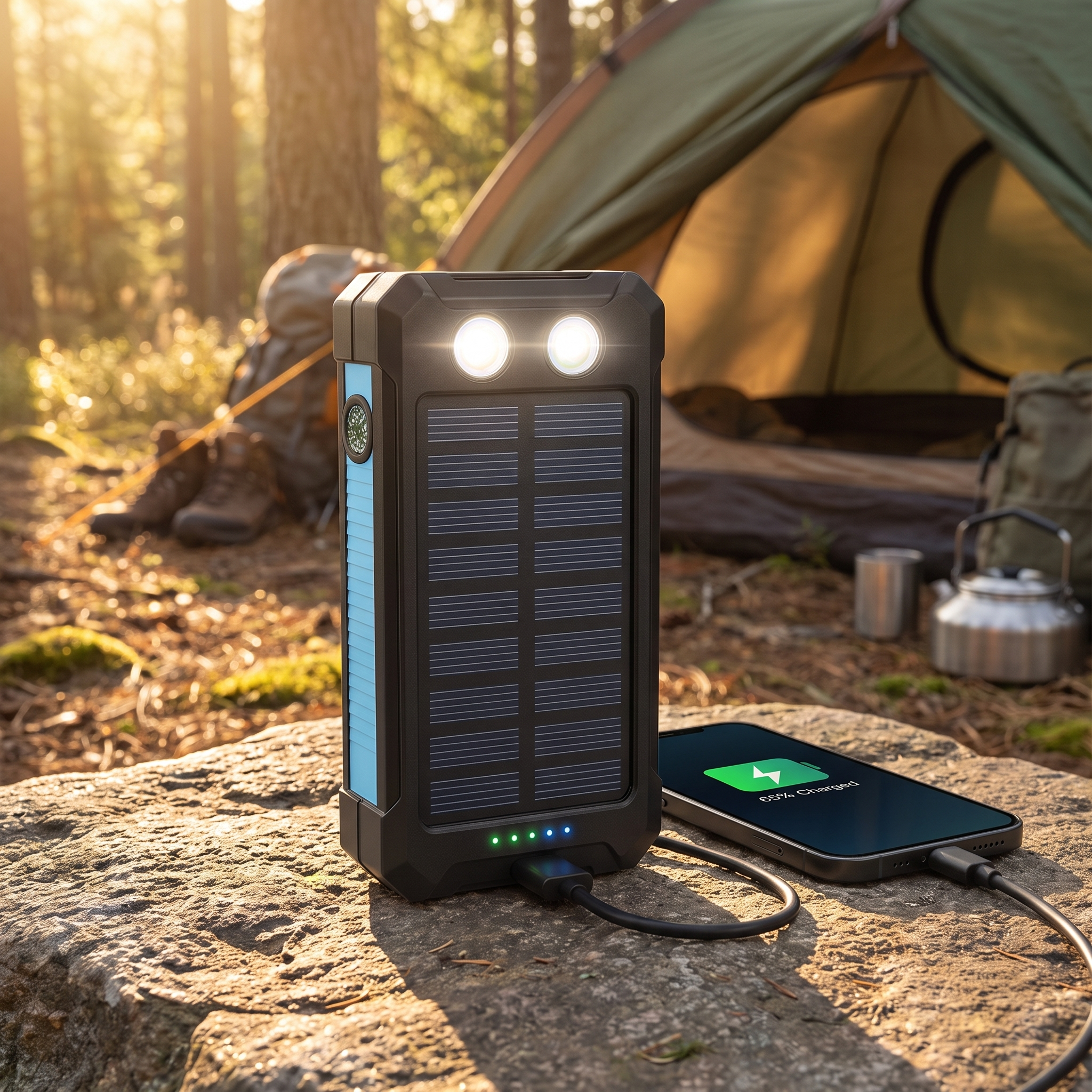 Solar-Powerbank für Camping auf einem Stein neben einem Zelt