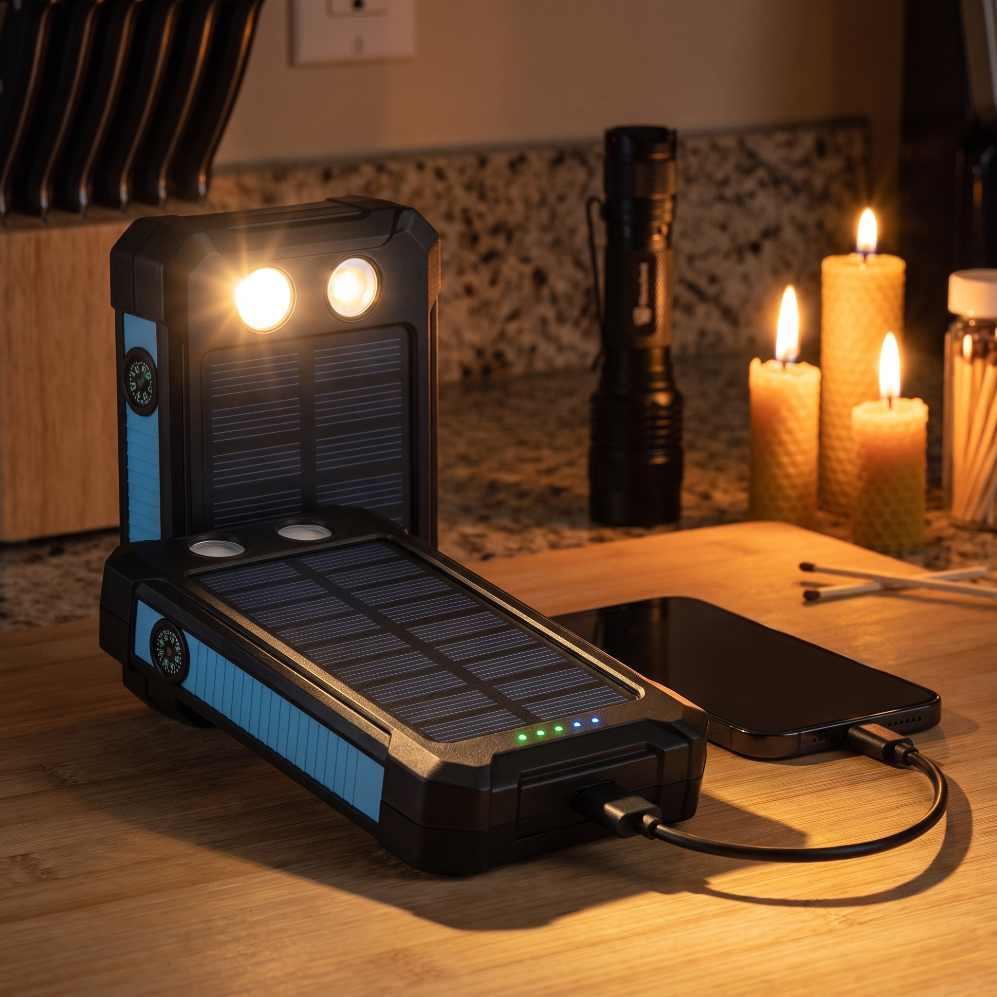 Powerbank mit Solarpanel als Notstrom auf der Arbeitsplatte