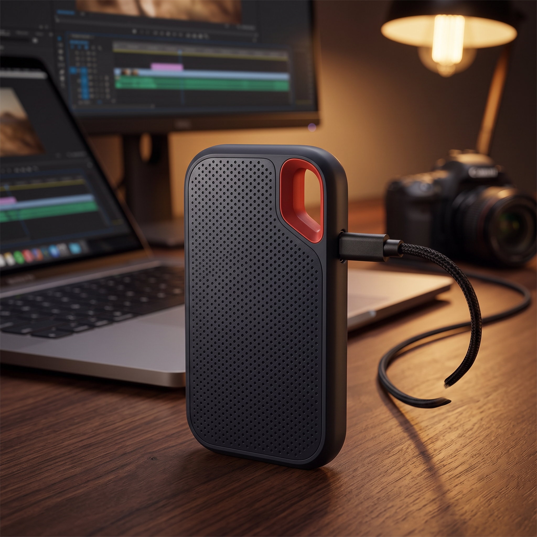 64 TB external SSD on a desk in a video editing room