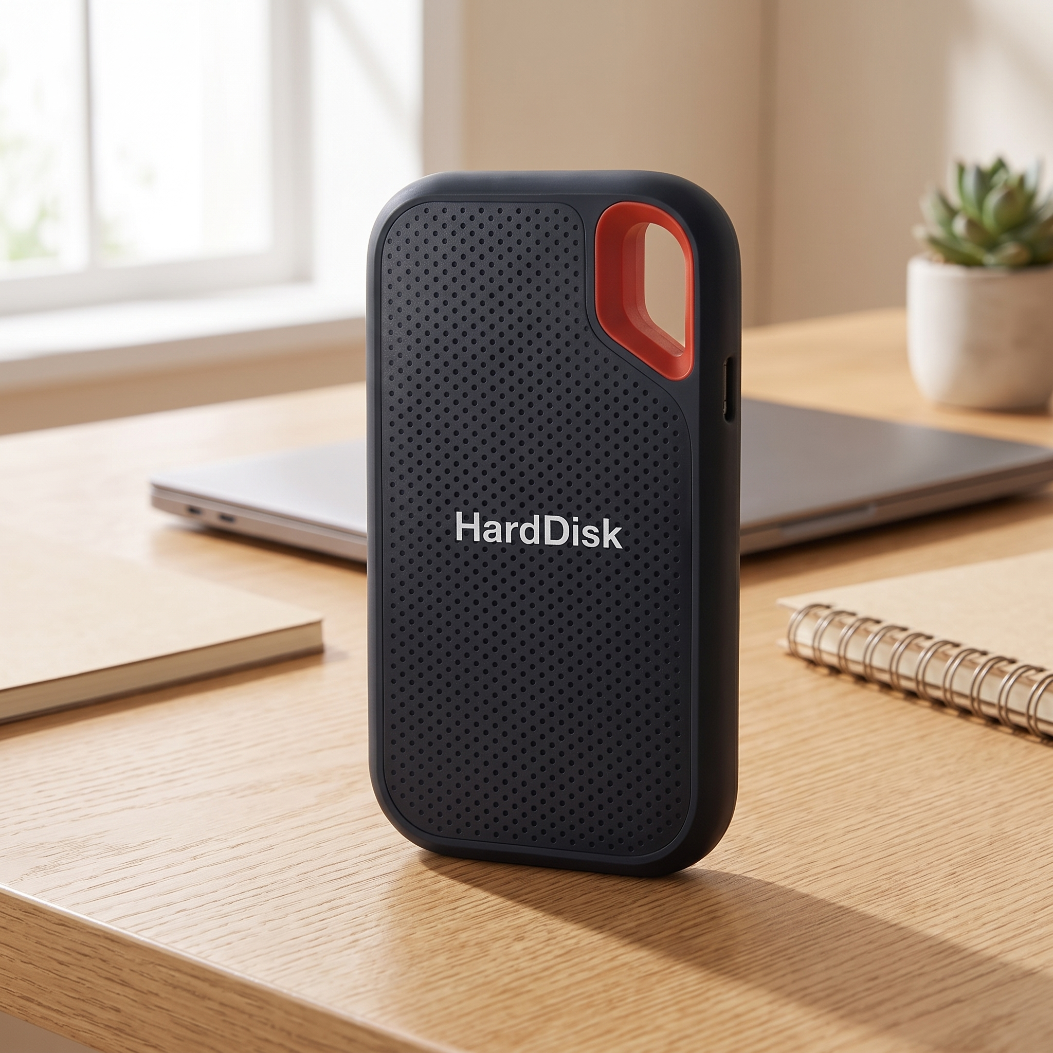 64 TB backup drive external SSD on a home desk
