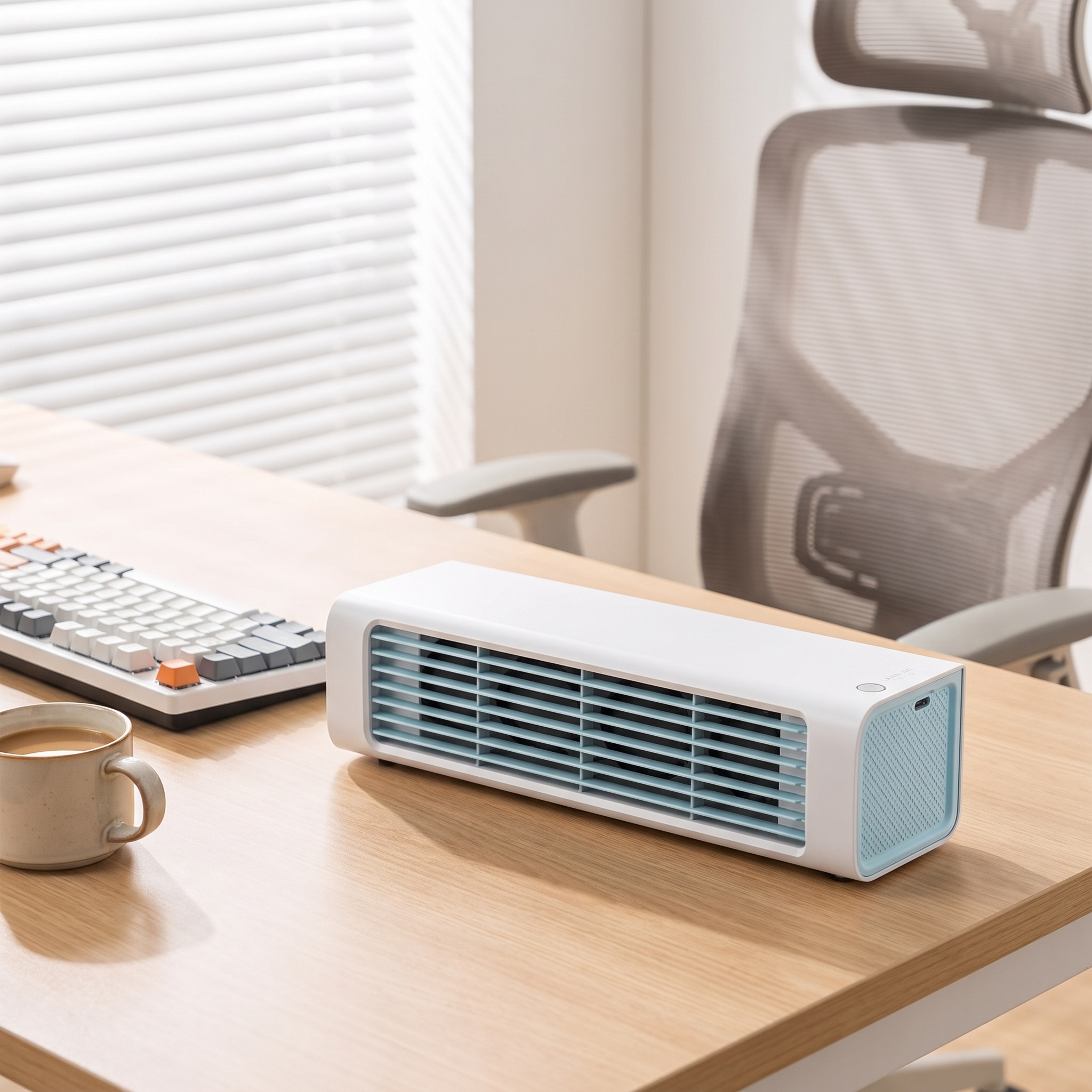 Mini airco op een bureau naast een toetsenbord