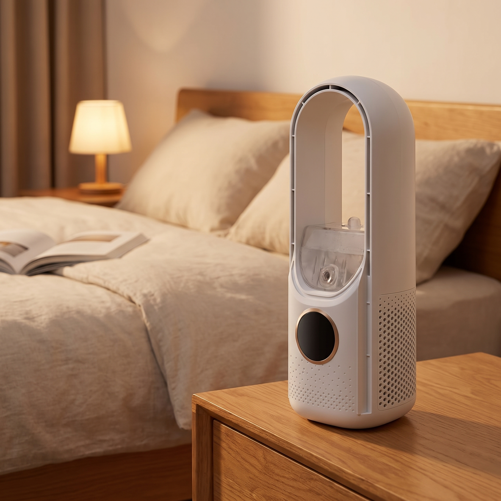 Bladloze draadloze ventilator op een nachtkastje in de slaapkamer