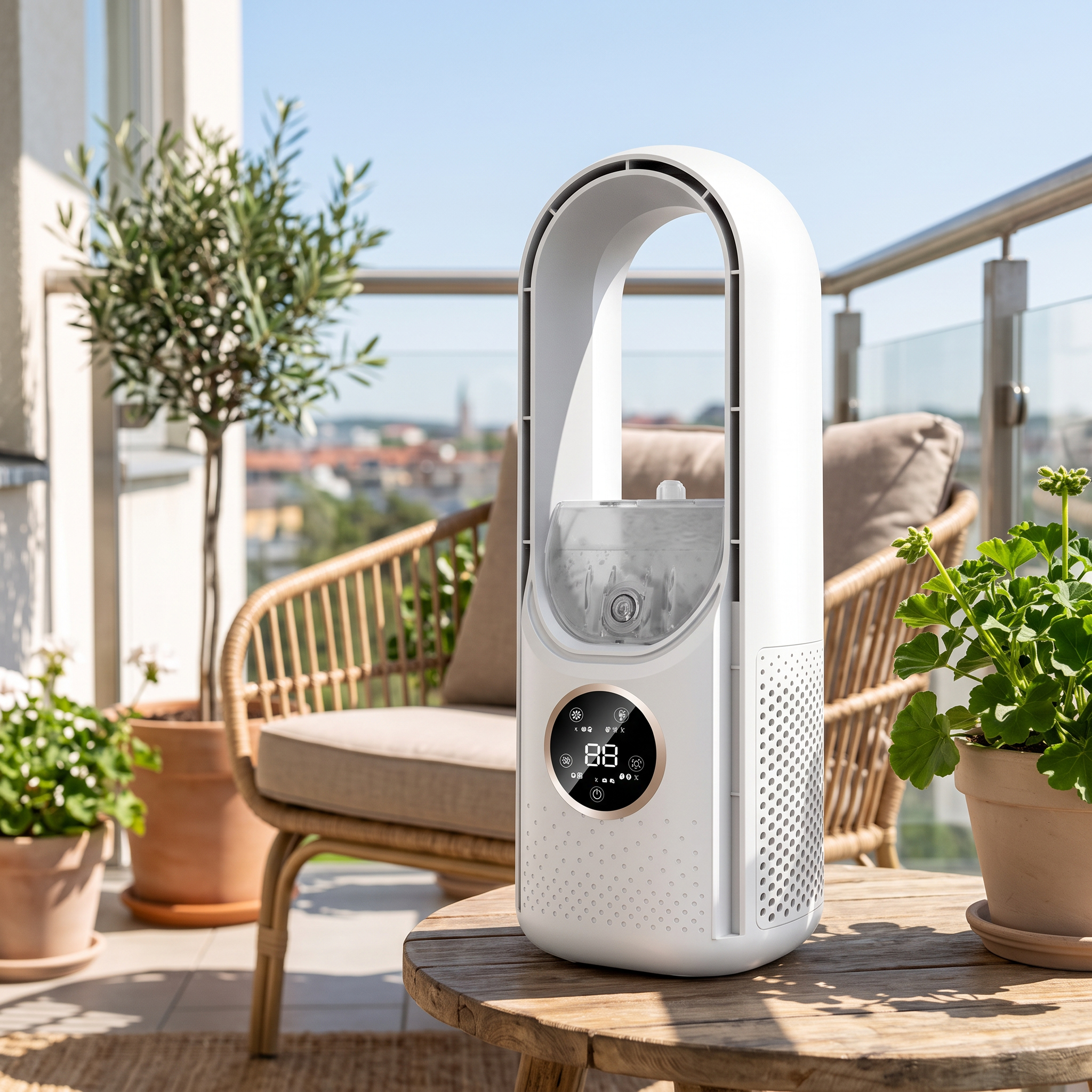 Rechargeable bladeless table fan on a balcony table