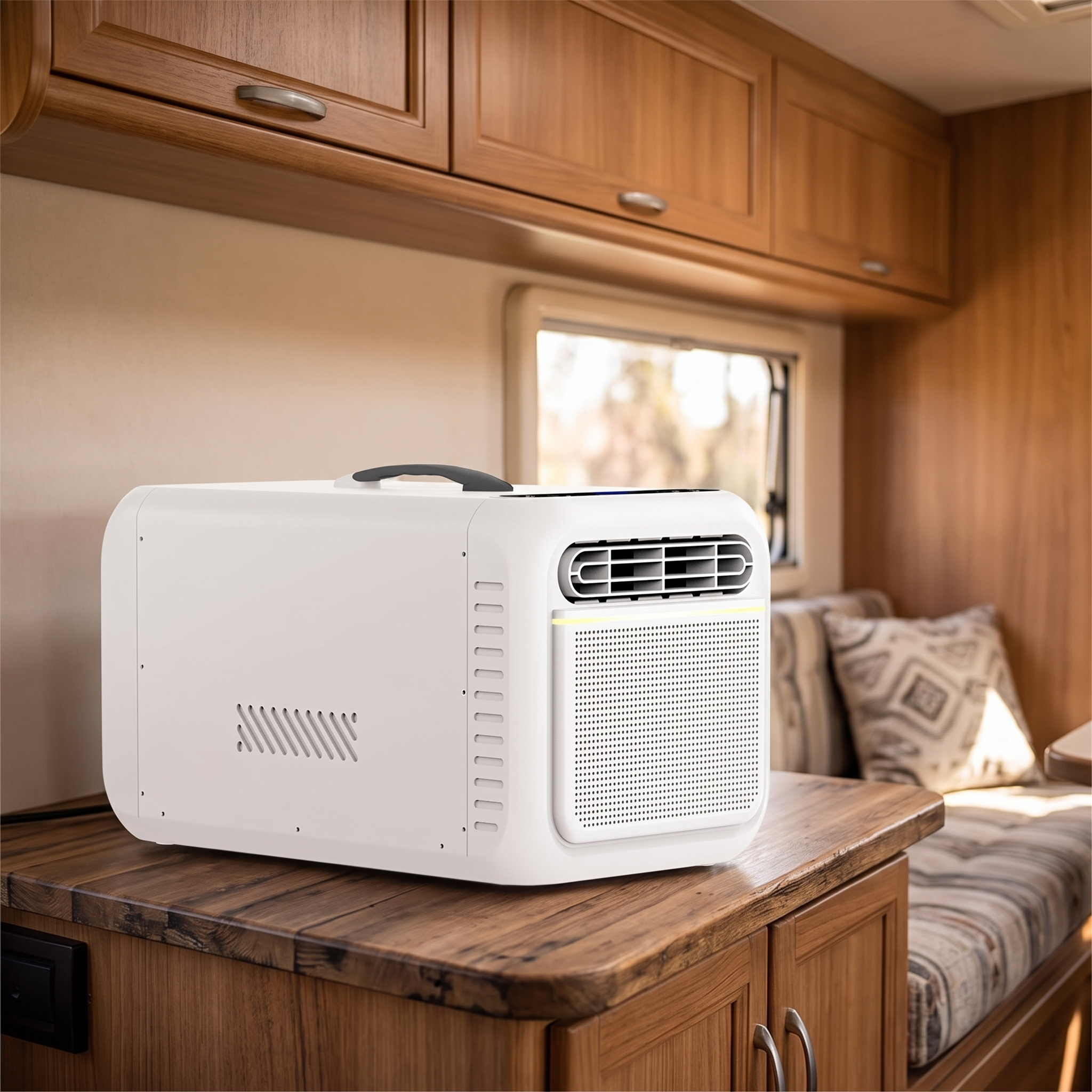 Portable camper air conditioner with 2300 BTU in a campervan