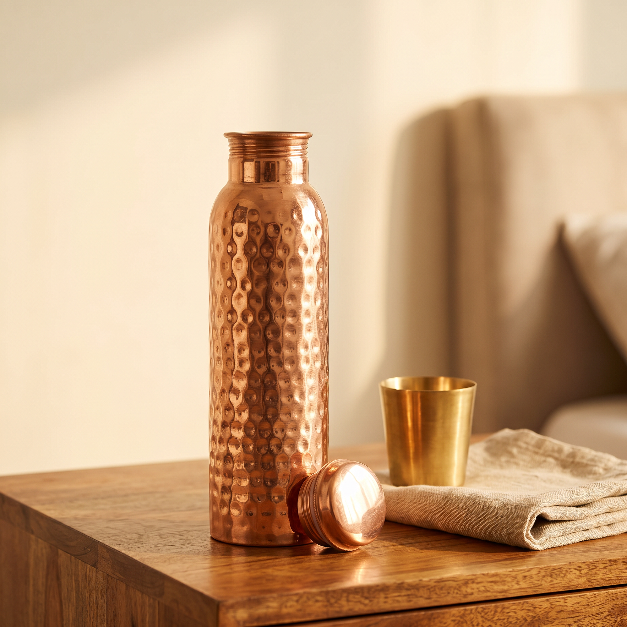 Copper Ayurveda water bottle on a nightstand