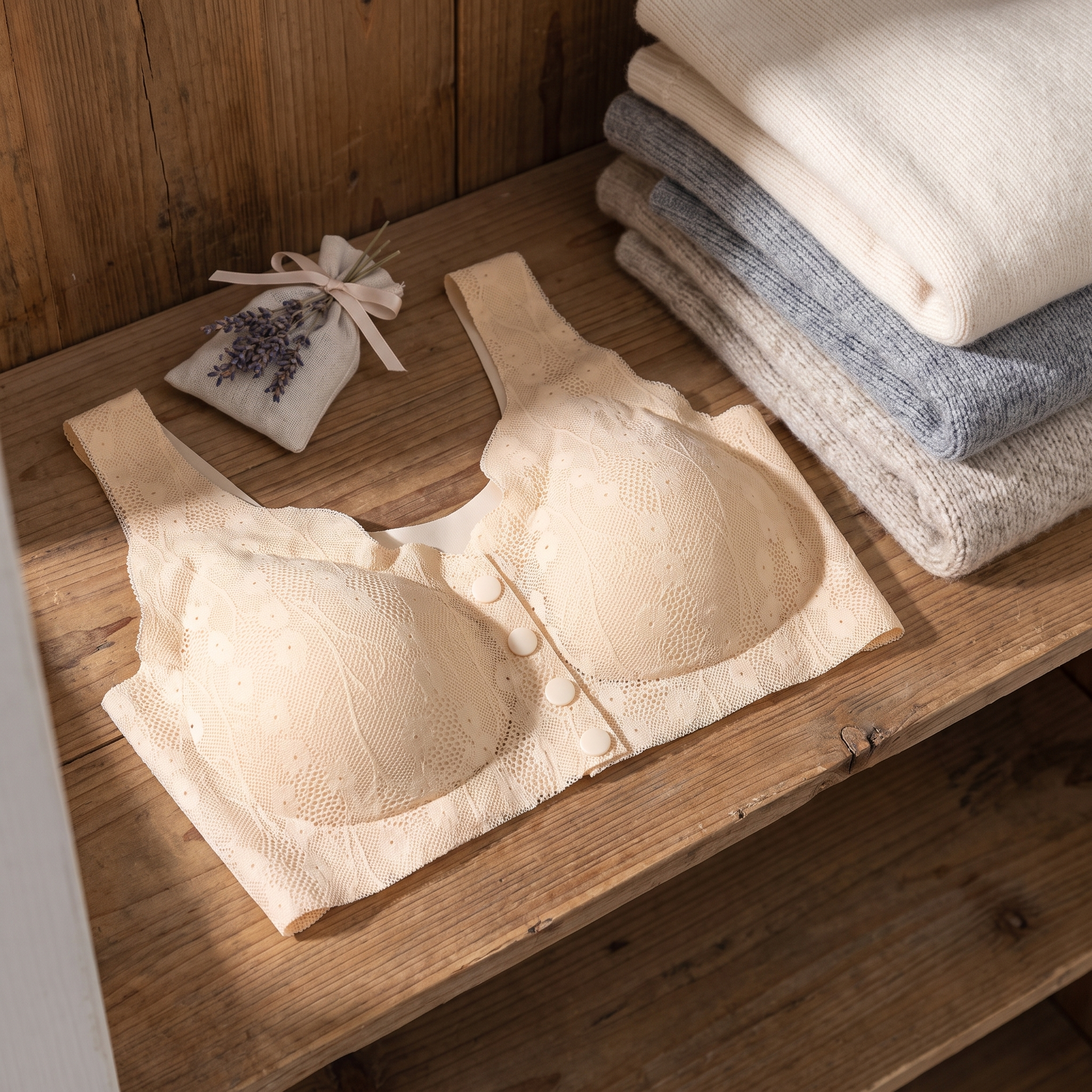 Wireless sleep bra with front clasps folded in a wardrobe