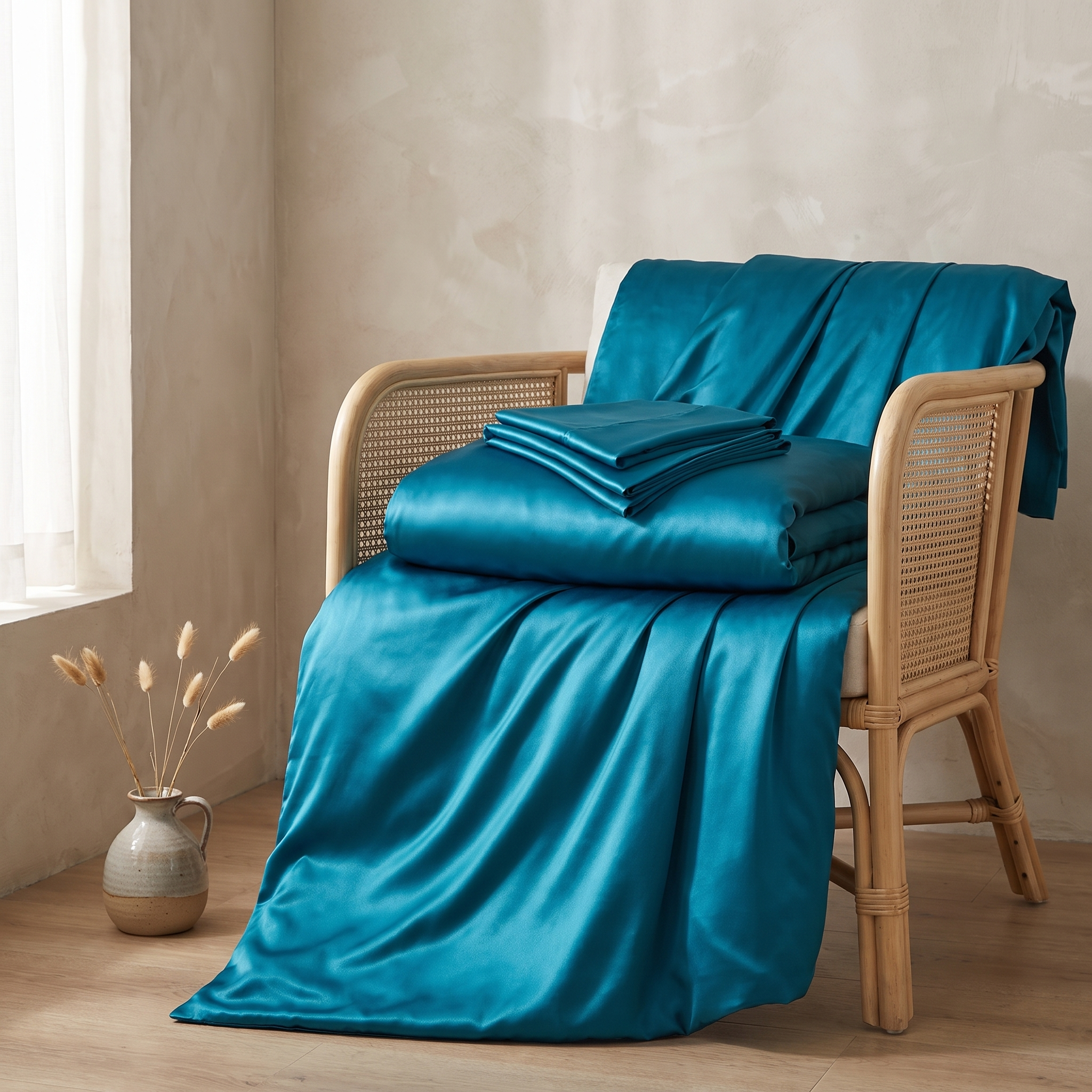 Silk fitted sheet and pillowcases made of mulberry silk neatly folded