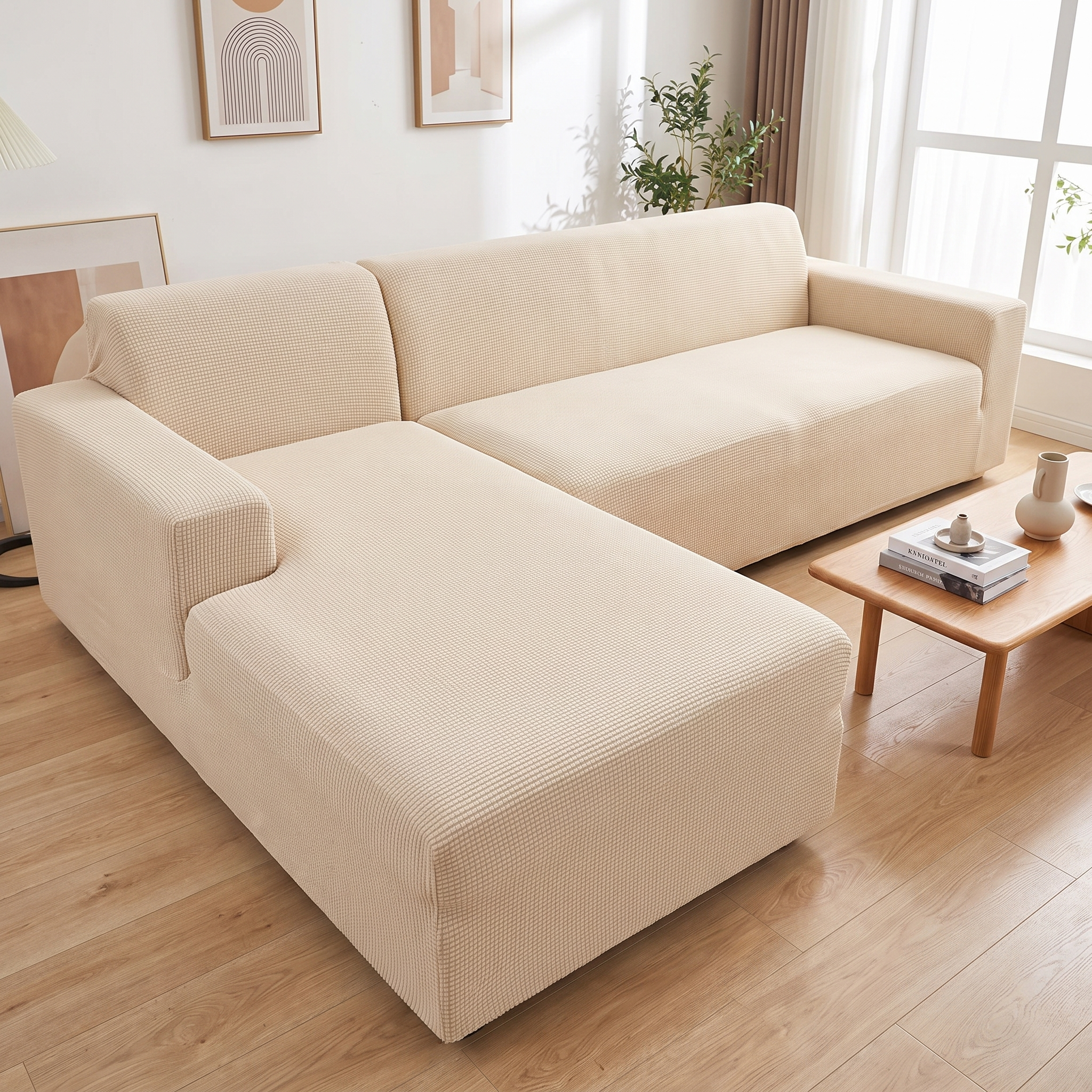 Stretch sofa cover tightly fitted over a corner sofa in a bright living room