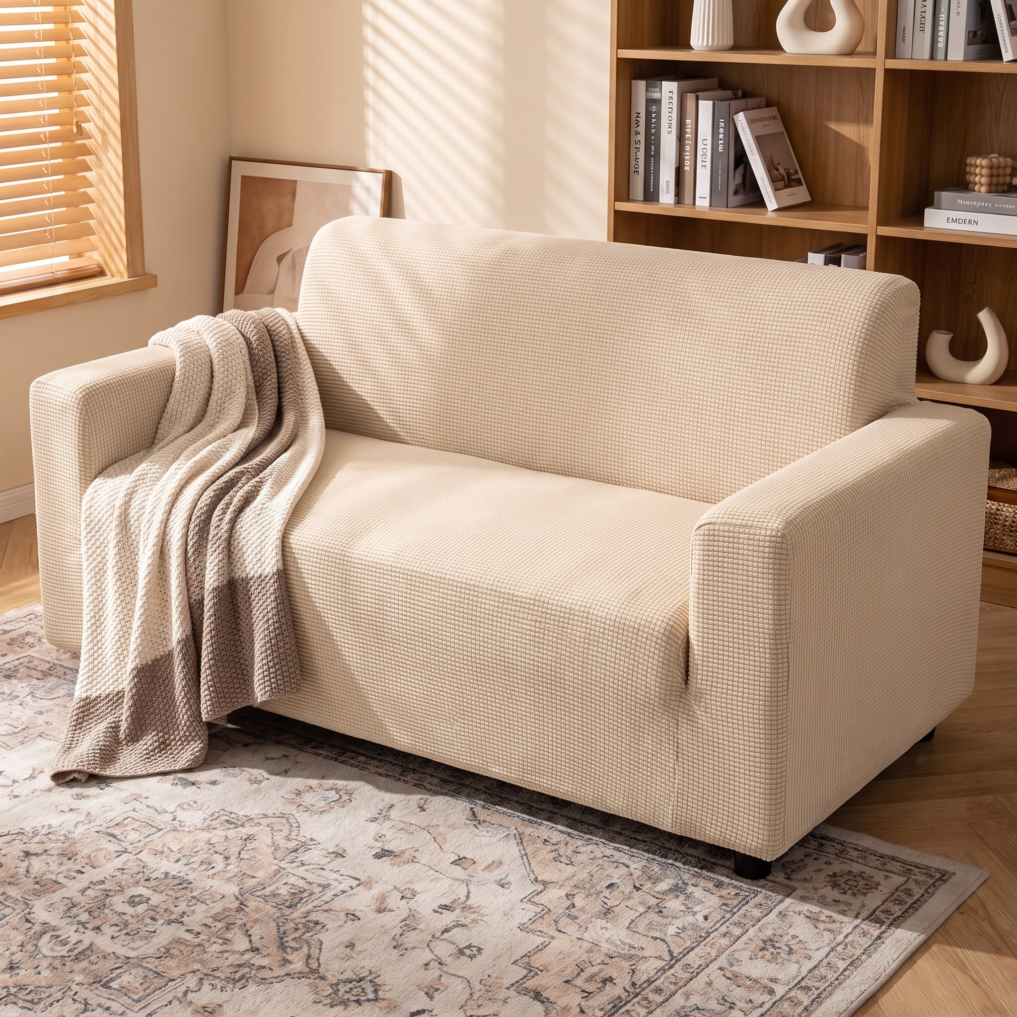Elastische Schutzhülle straff über einem Zweisitzer-Sofa im Wohnzimmer
