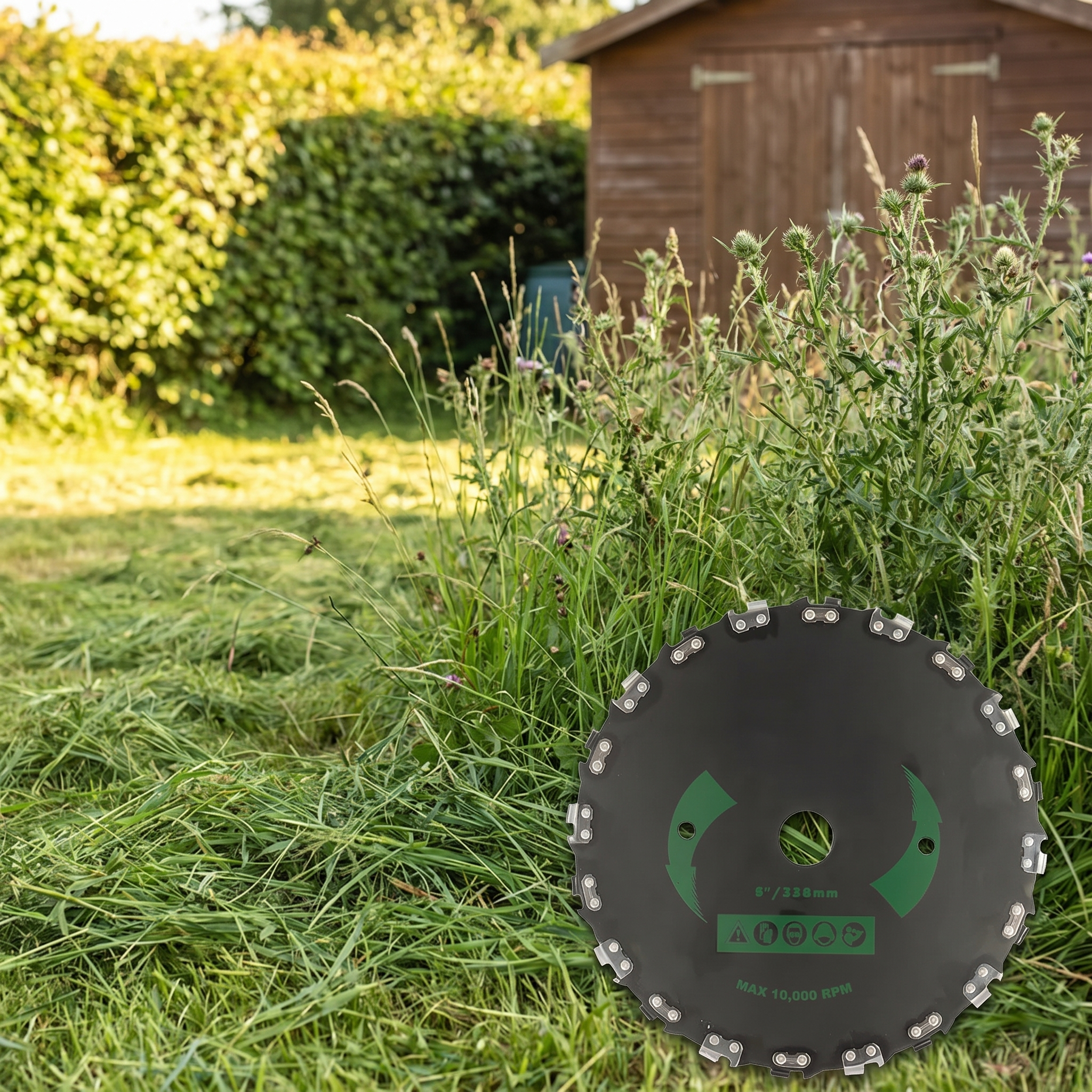Unkrautmäher mit Stahlmessern von 23 cm neben einem verwilderten Gartenteil