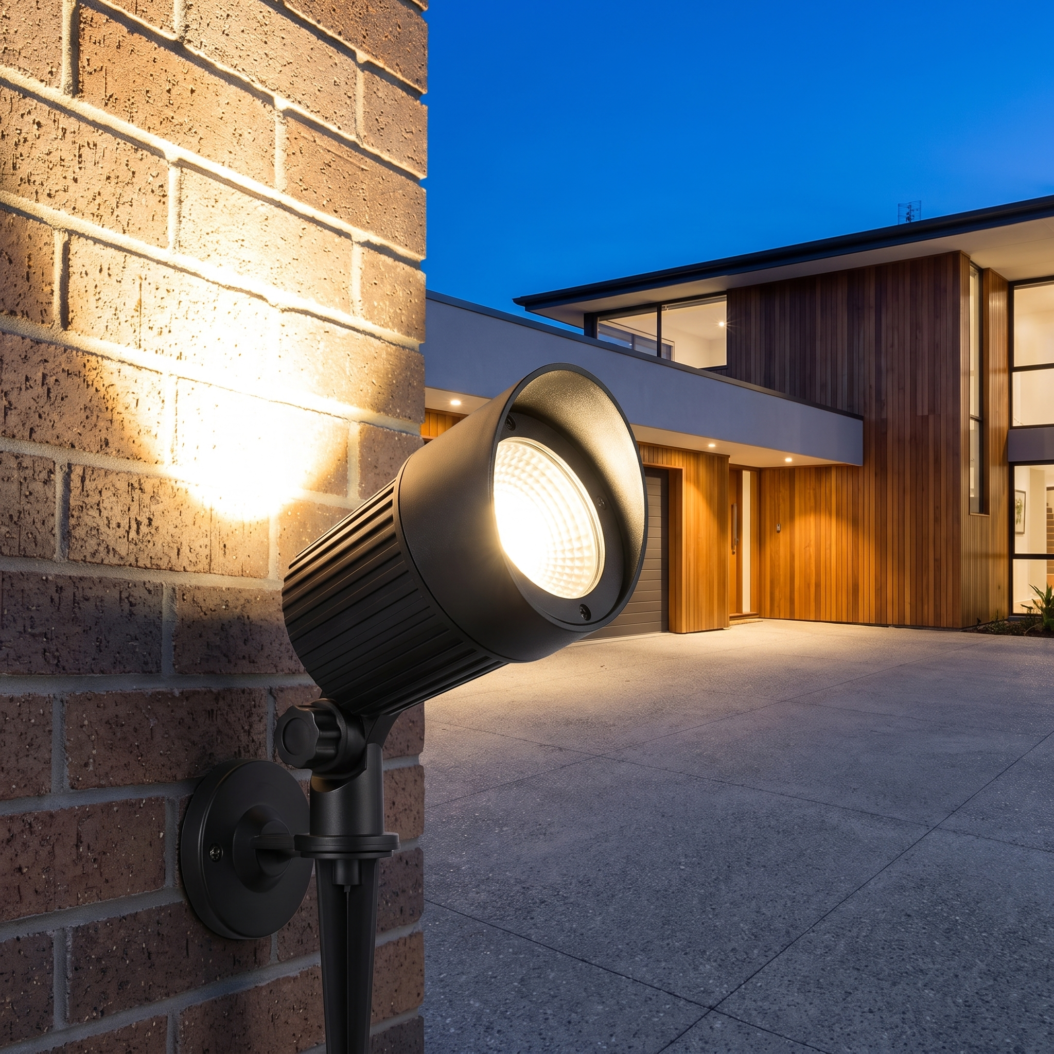 Solar gevelspot gemonteerd aan een gevel naast een oprit in de schemering