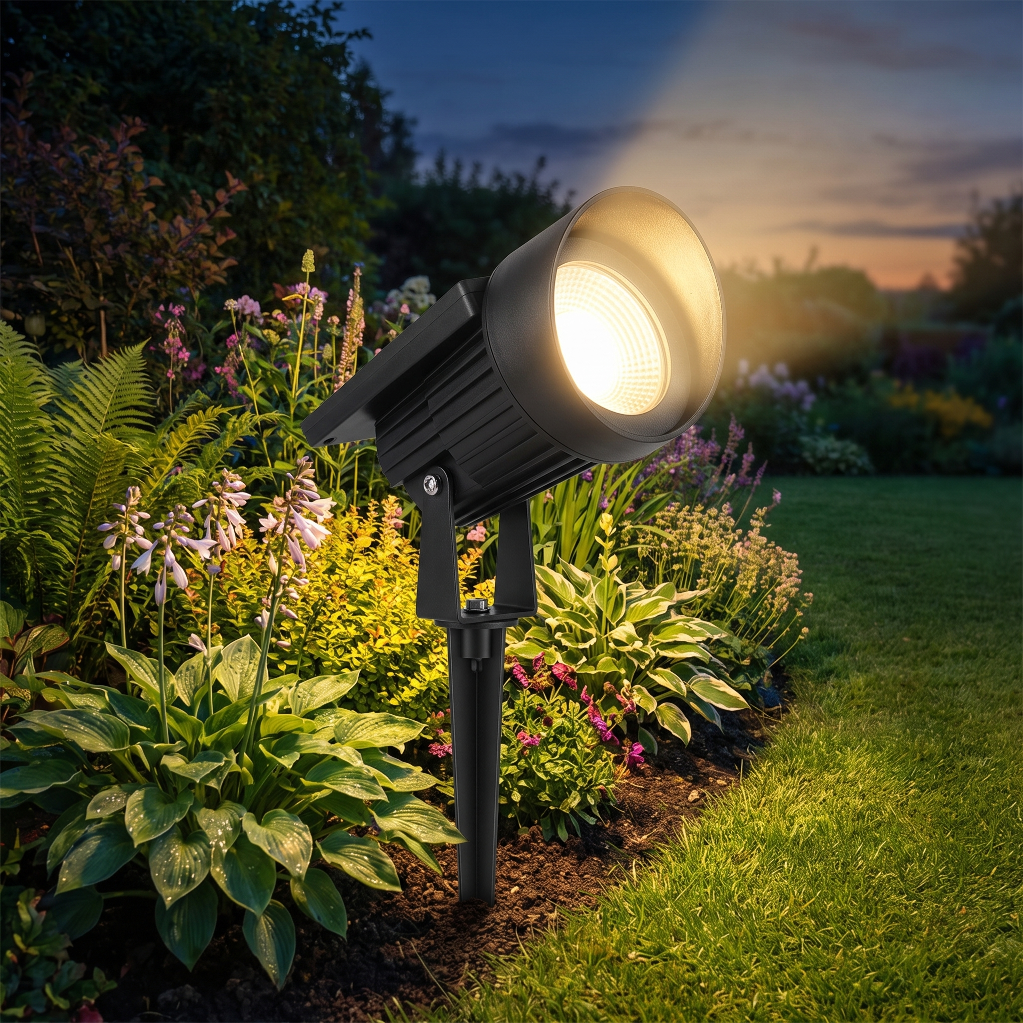 Solar grondspot met grondpin in een border naast het gazon in de schemering