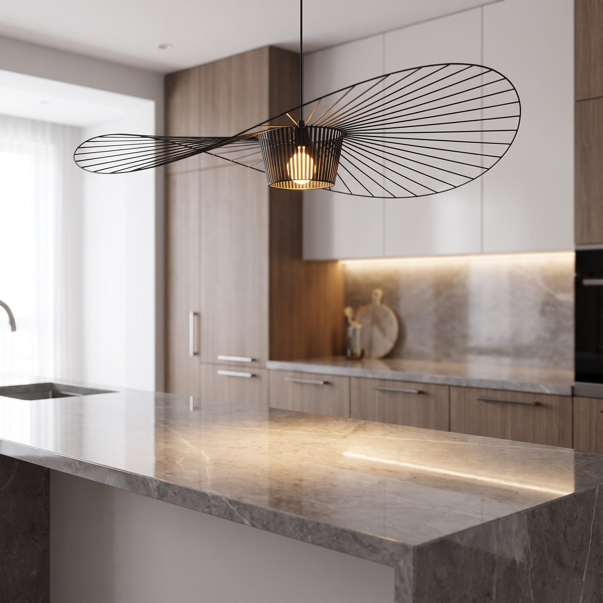 Metalen hanglamp met brede kap boven een keukeneiland met stenen werkblad