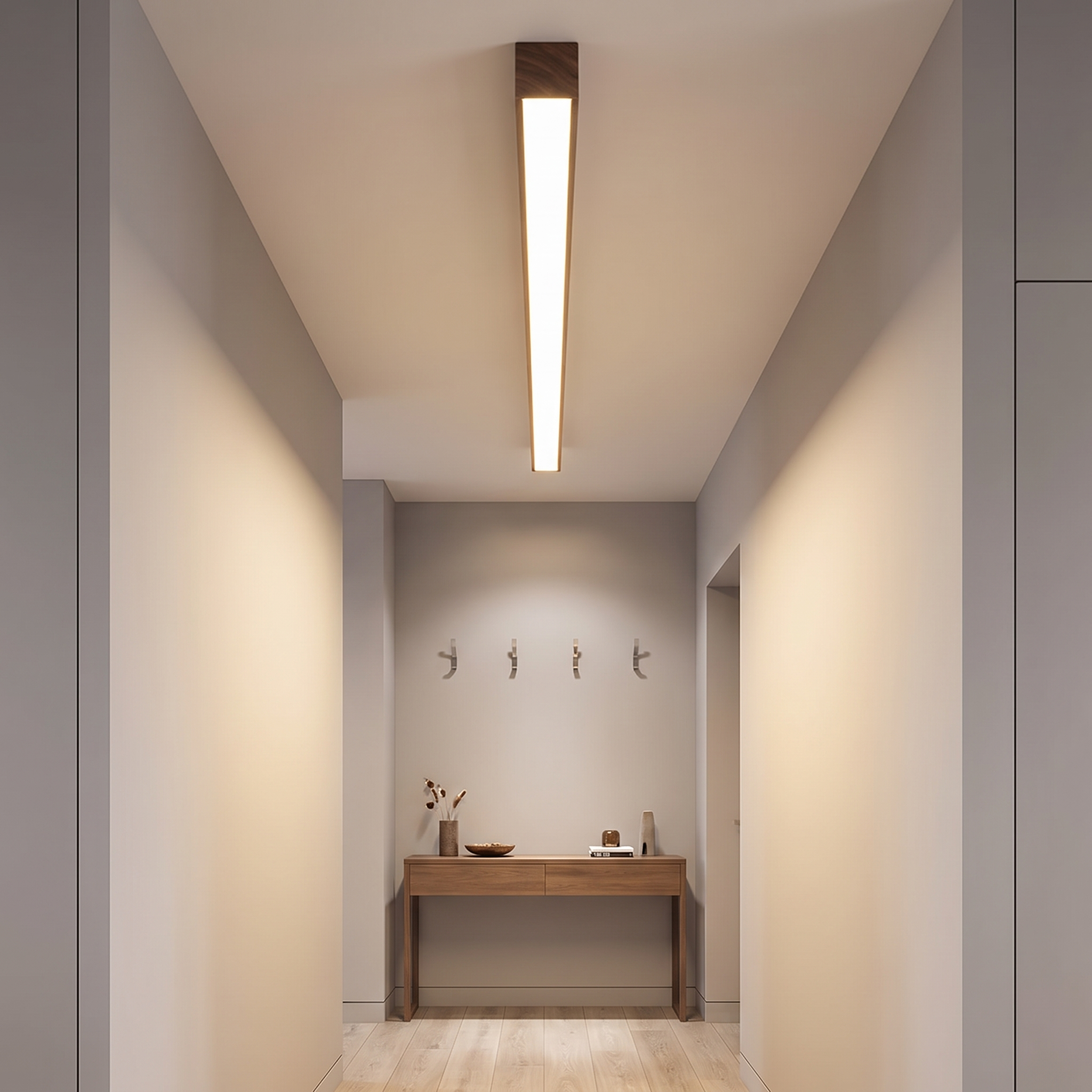 Längliche hölzerne LED-Deckenleuchte an der Decke eines Flurs