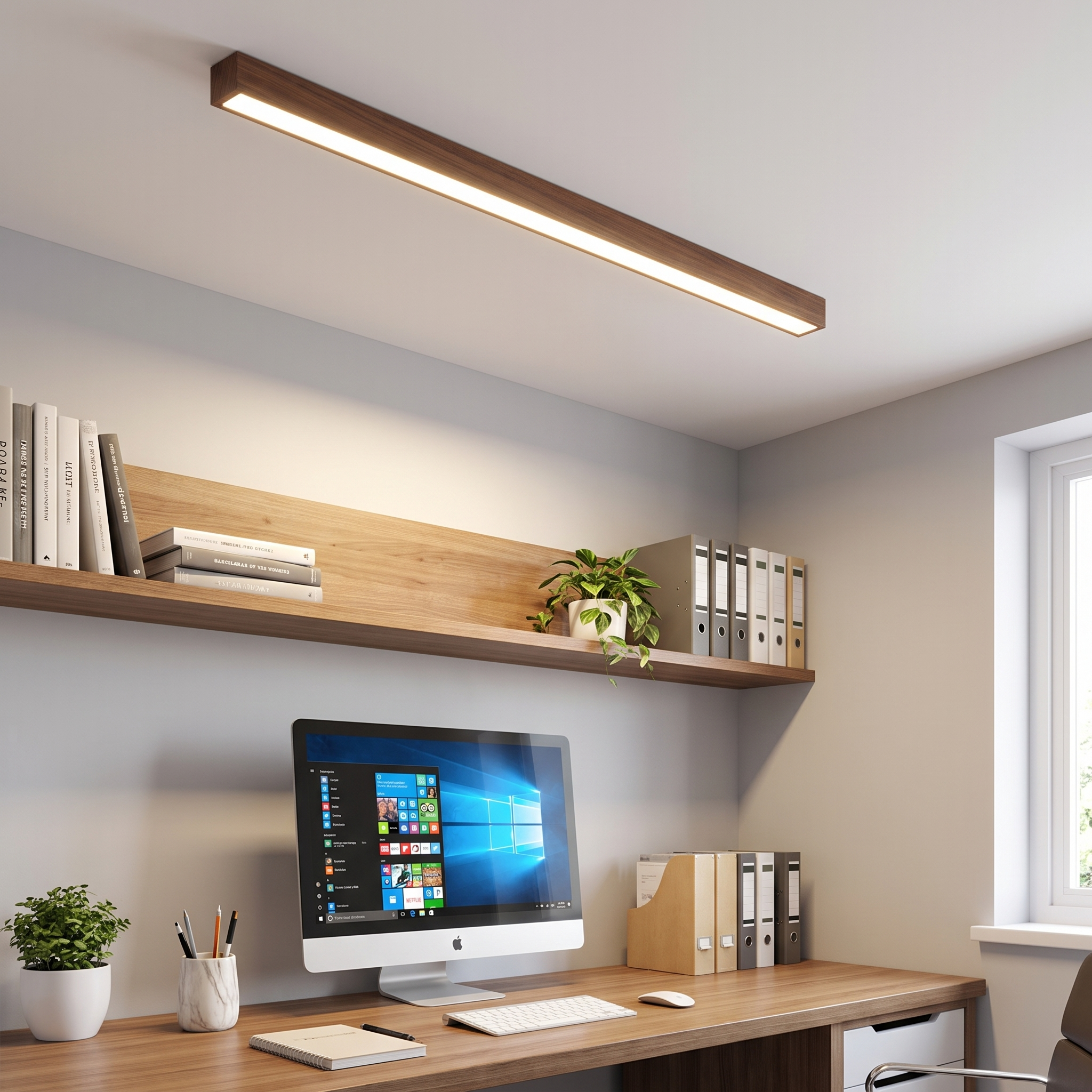 Längliche LED-Linienleuchte aus Holz an der Decke über einem Schreibtisch