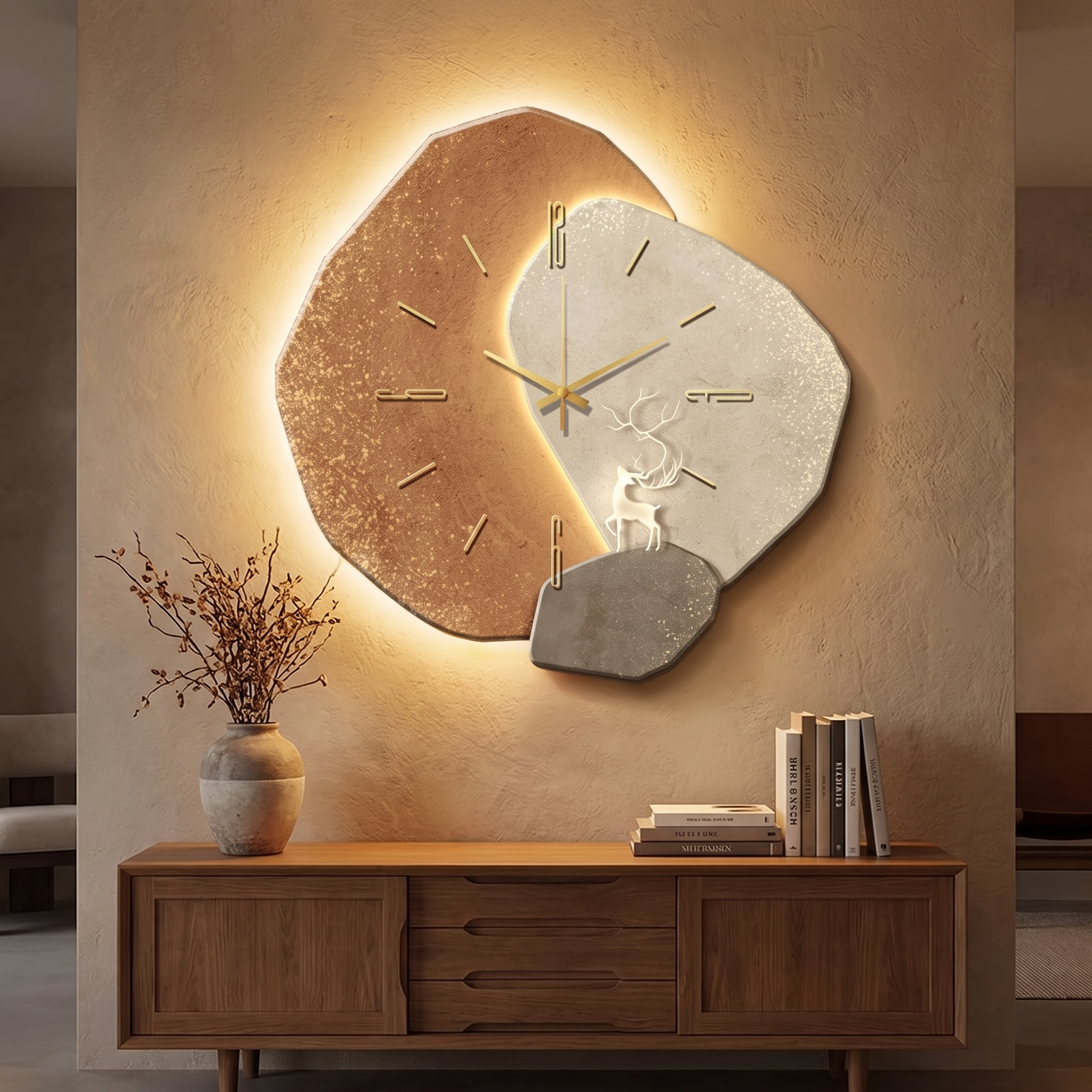 Houten LED wandklok aan een woonkamerwand boven een dressoir