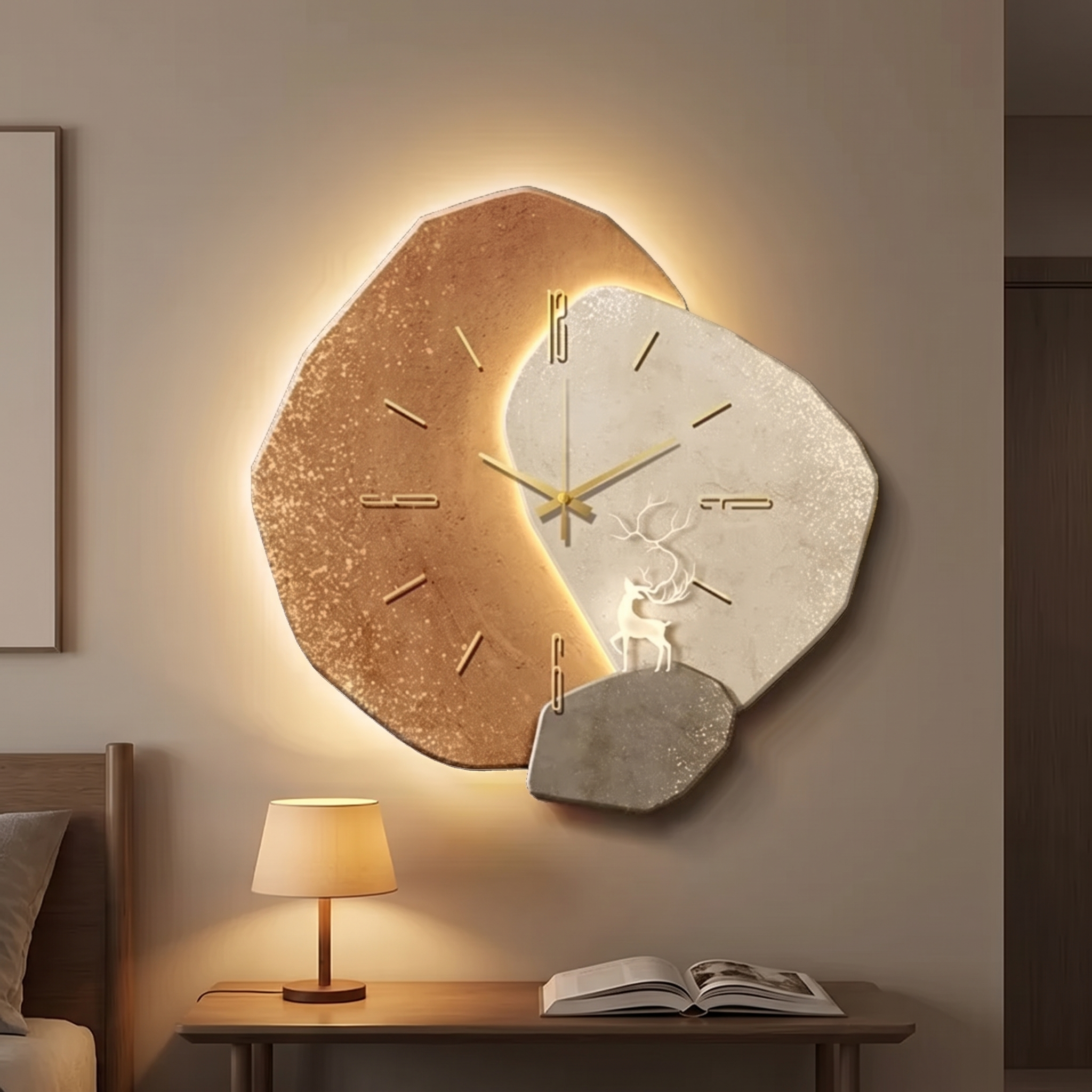Silent wooden wall clock with soft LED lighting above a nightstand