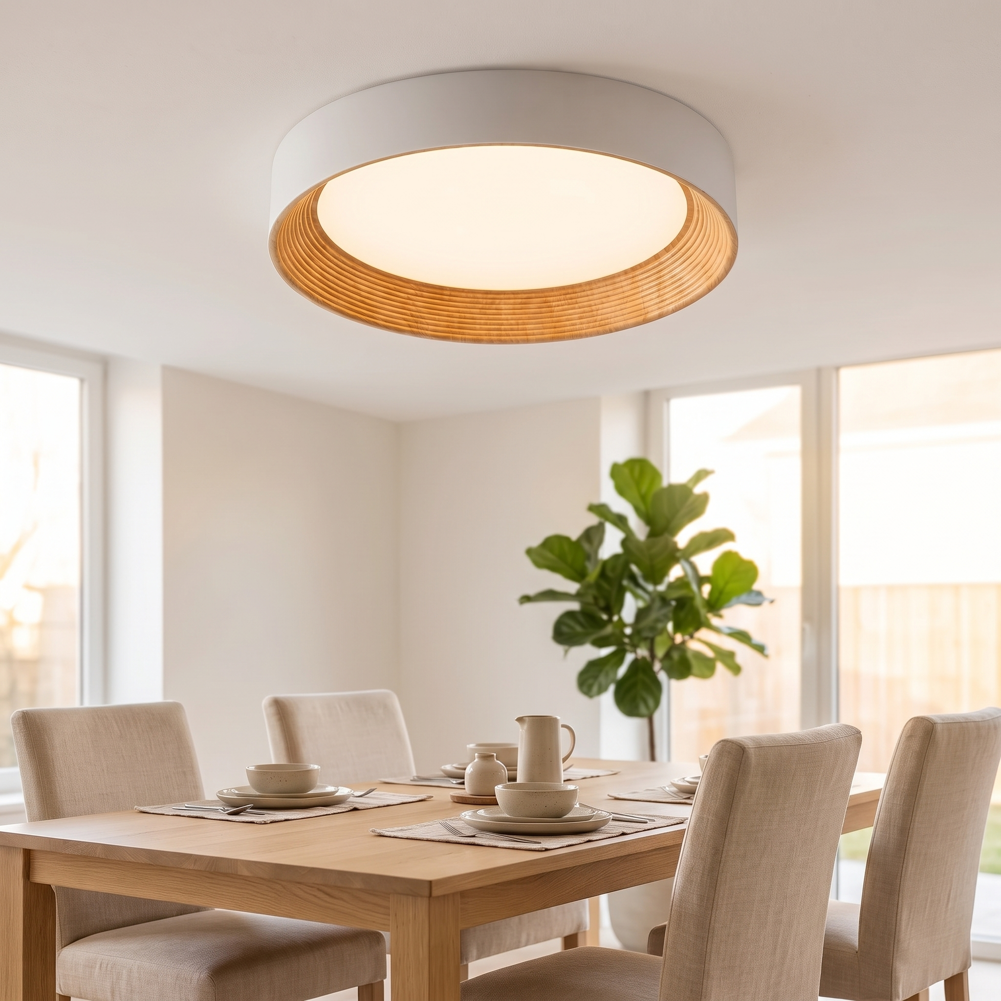 Runde Deckenleuchte aus Holz mit LED in einem Wohnzimmer und Esszimmer