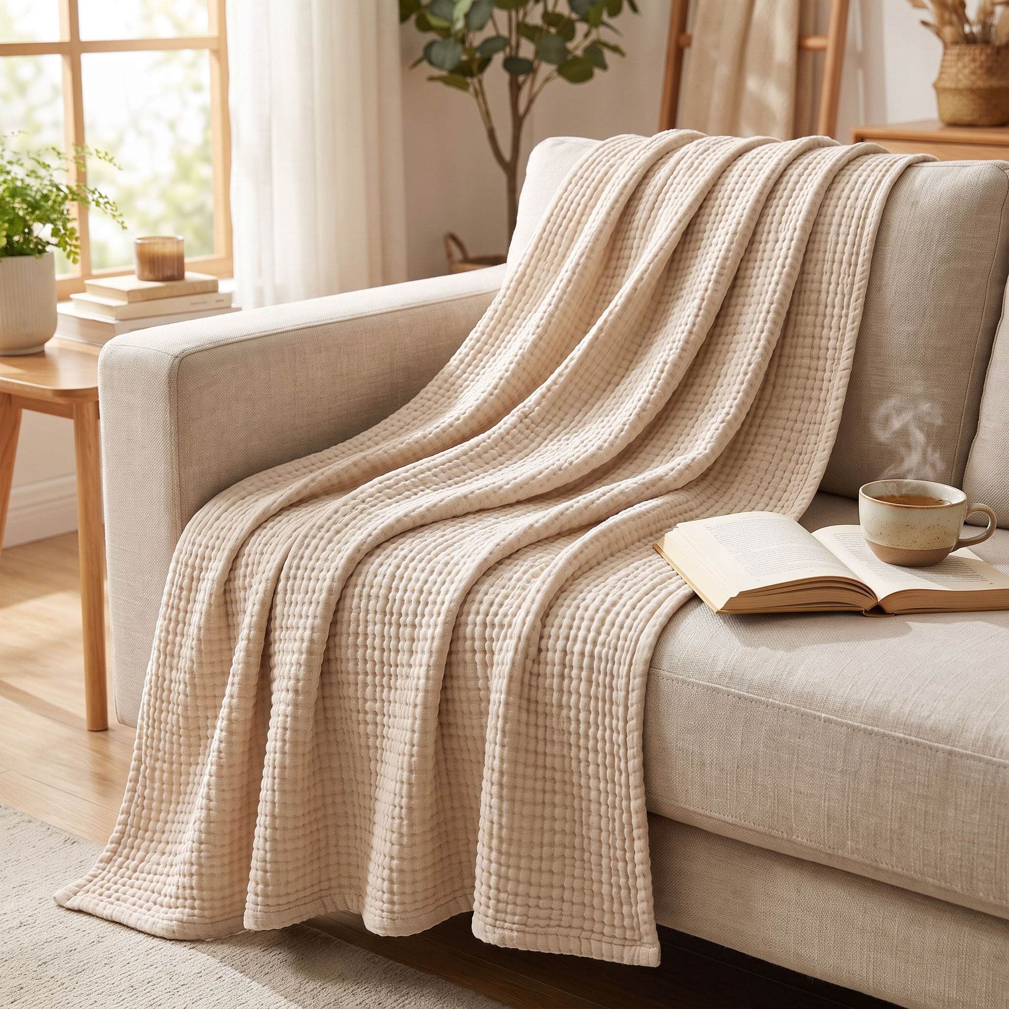 Cotton summer blanket muslin throw over a couch