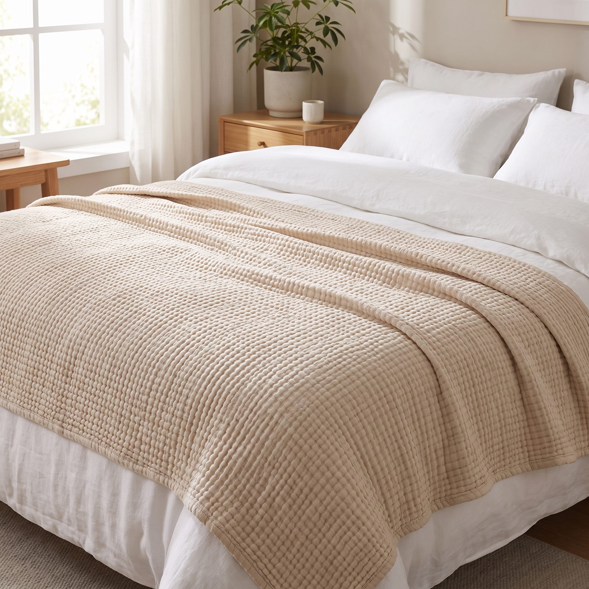 Cotton mousseline bedspread over a double bed