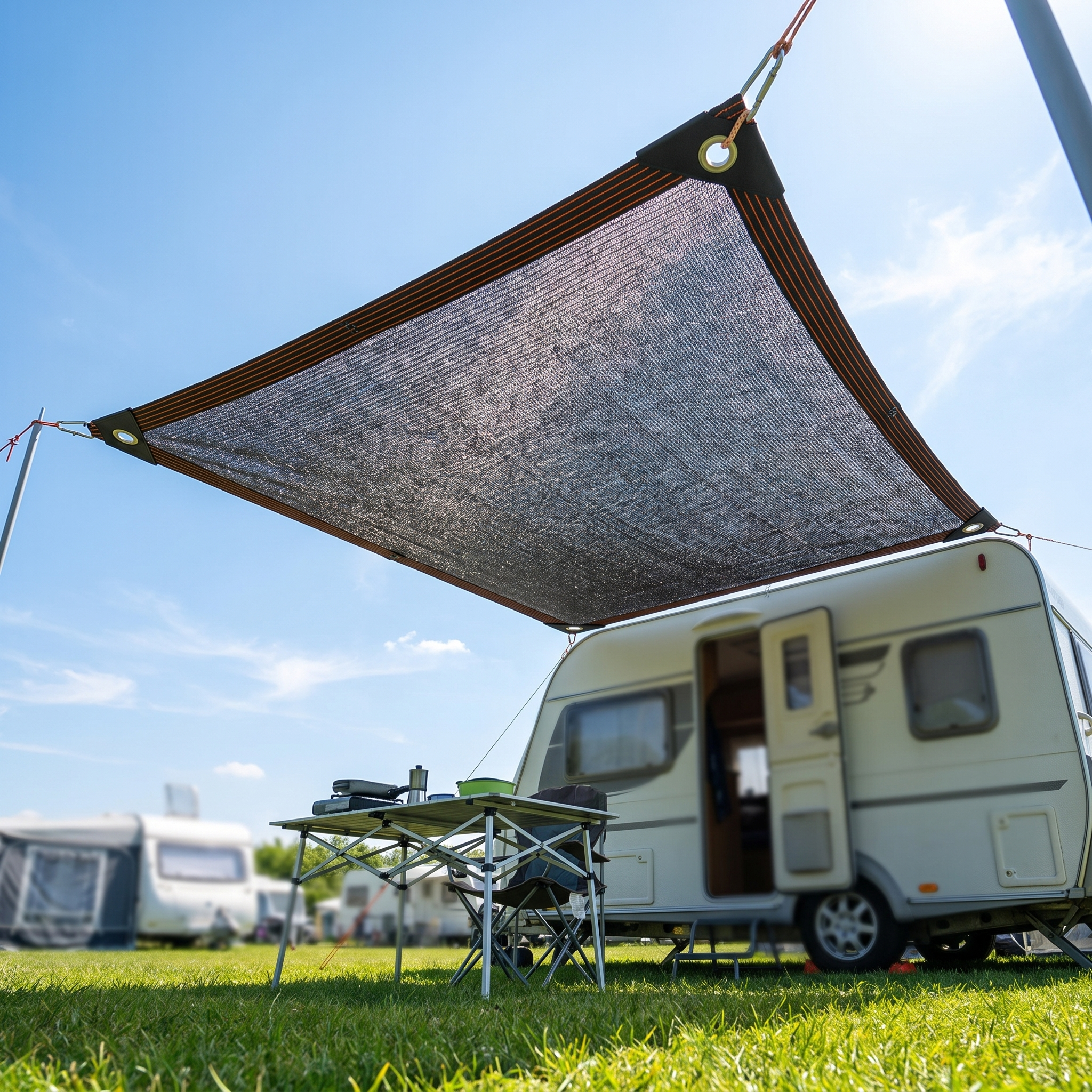 HDPE shade cloth stretched over a campsite by a caravan