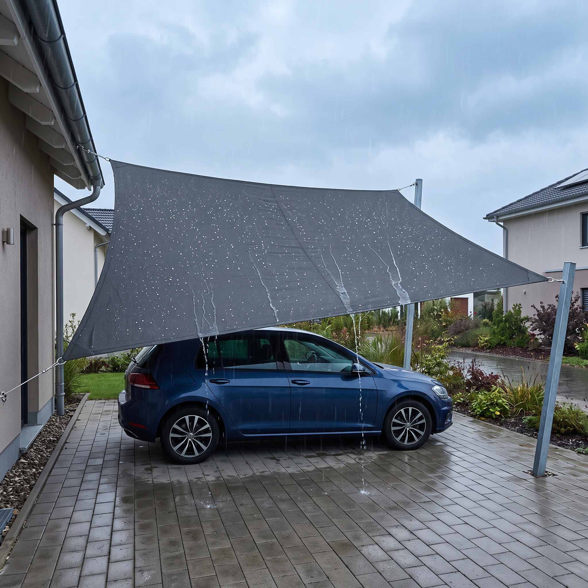 Wasserdichtes Sonnensegel als Carport über einer Einfahrt mit Auto gespannt