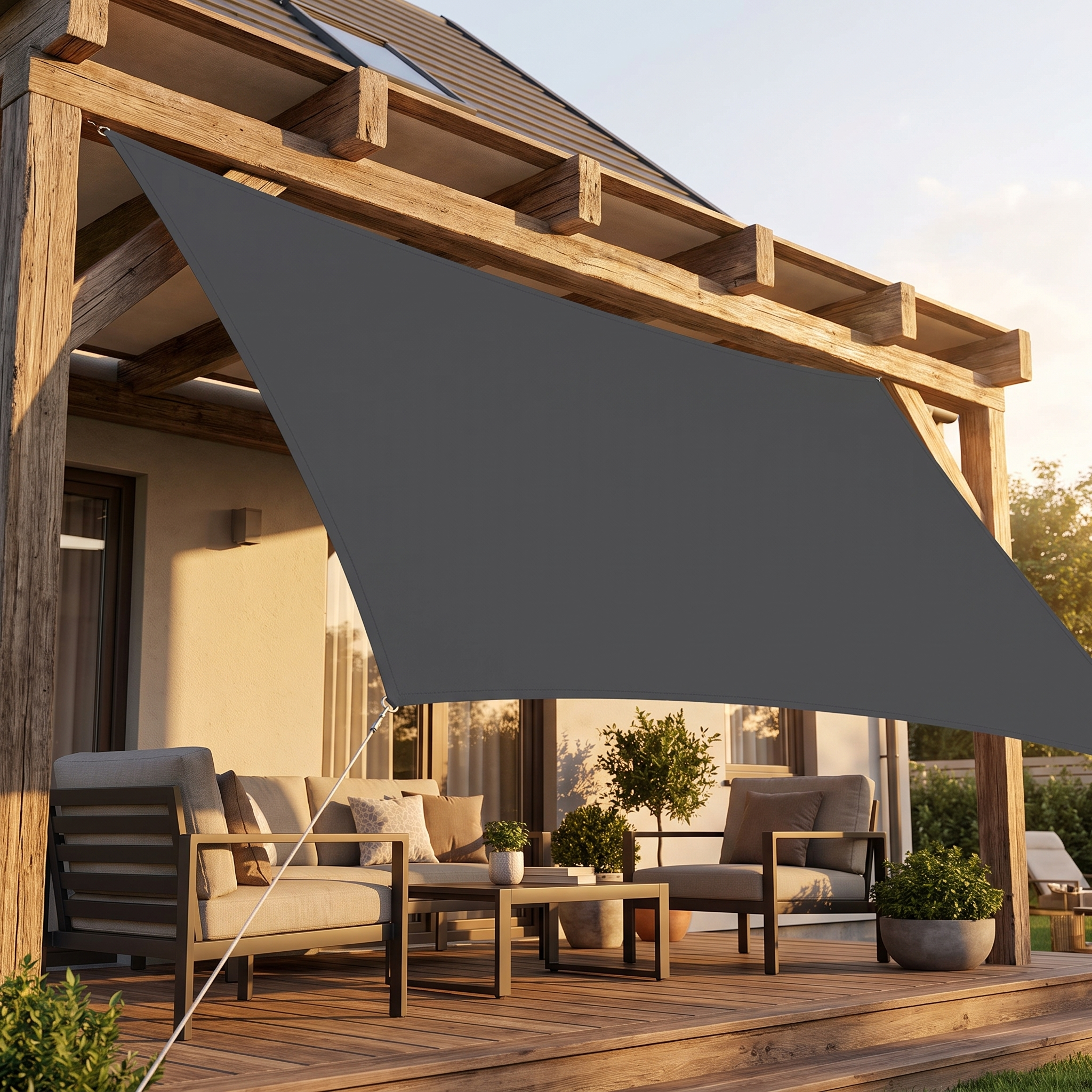 Waterproof shade cloth stretched over a wooden pergola with veranda