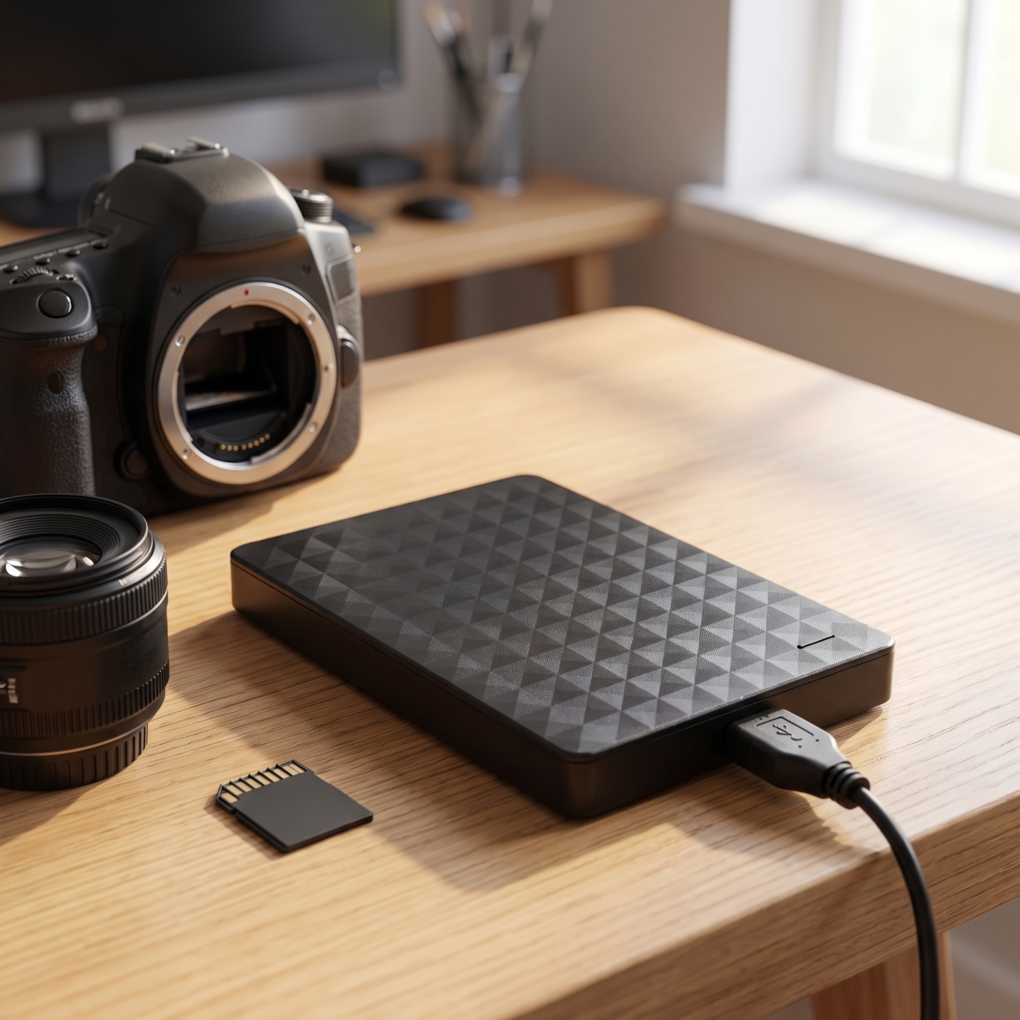 Compact 10 TB external hard drive on a desk next to a camera and lens