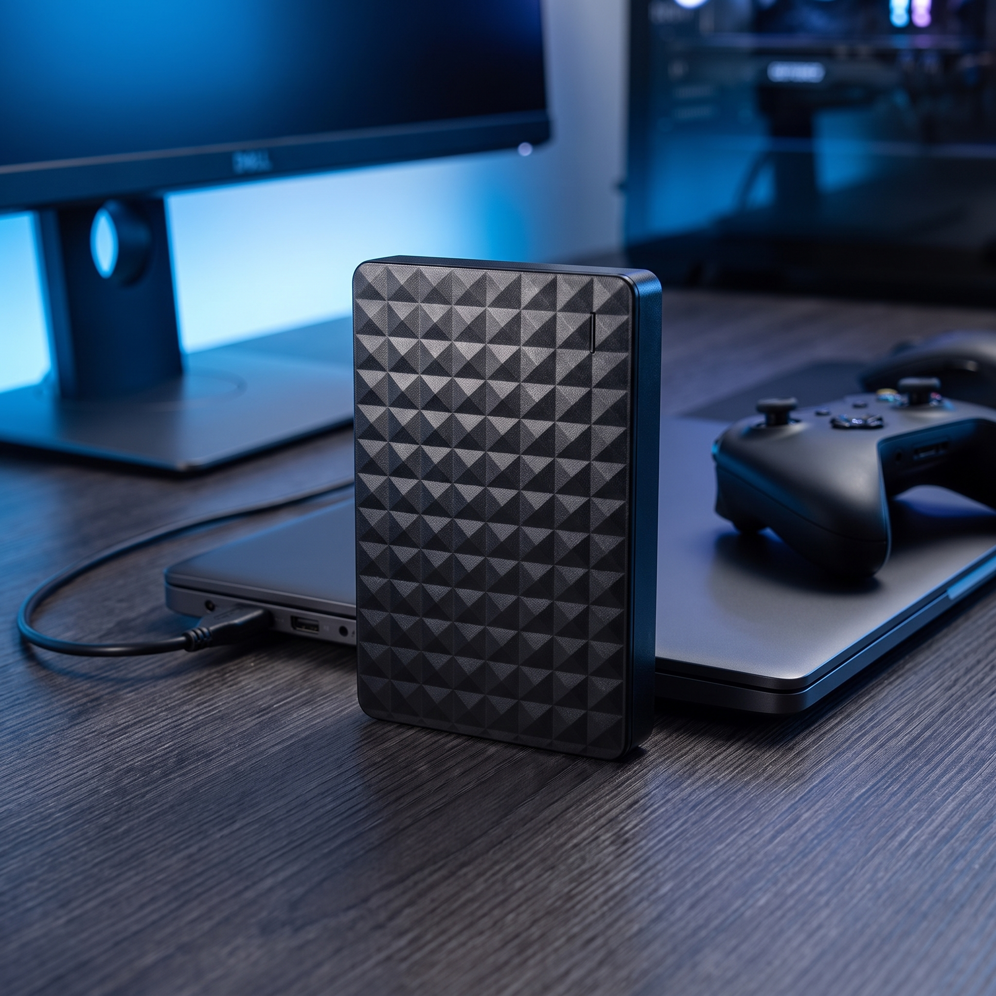 Compact 10 TB external hard drive on a desk next to a laptop and a game controller