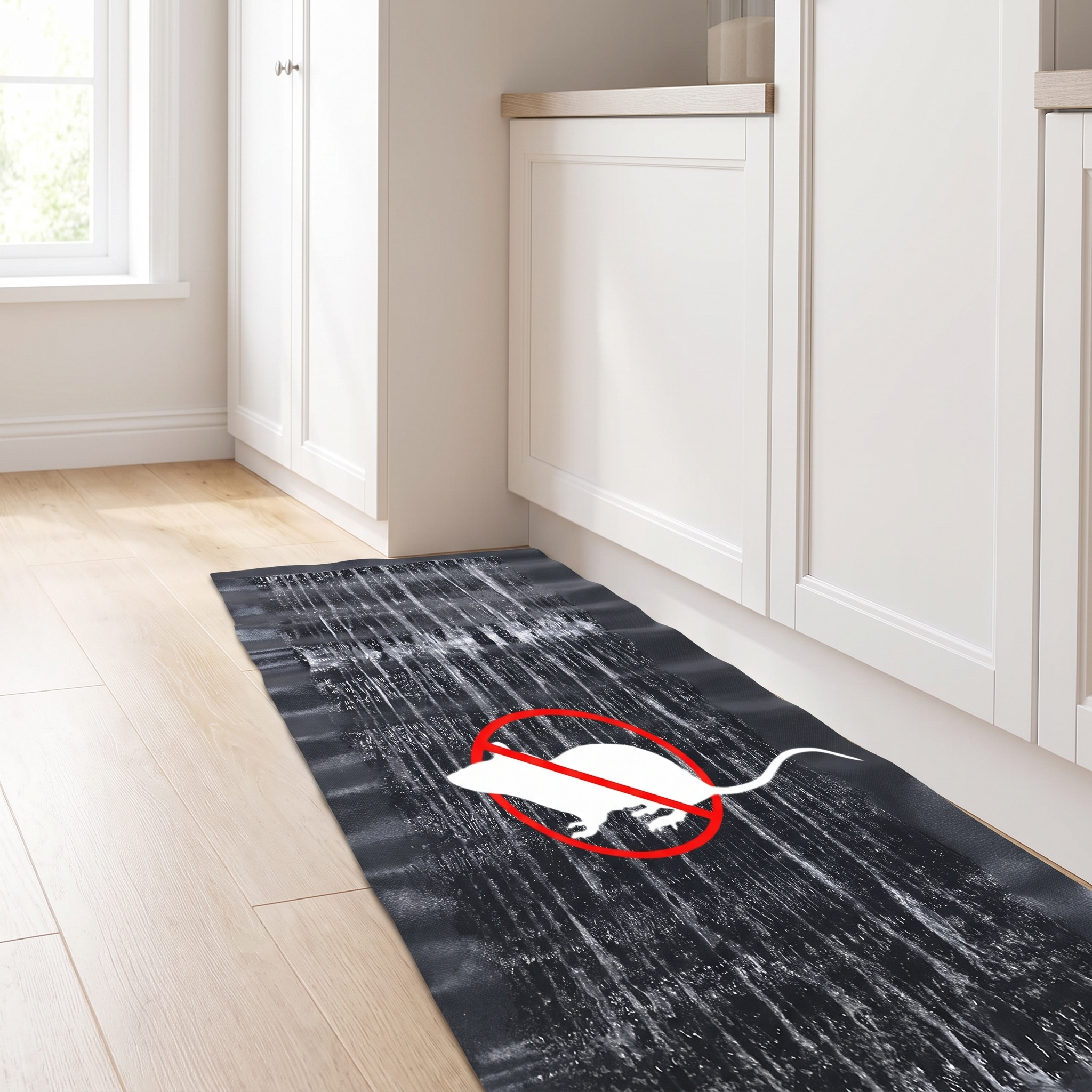 Poison-free sticky trap against mice along the baseboard of a kitchen cabinet