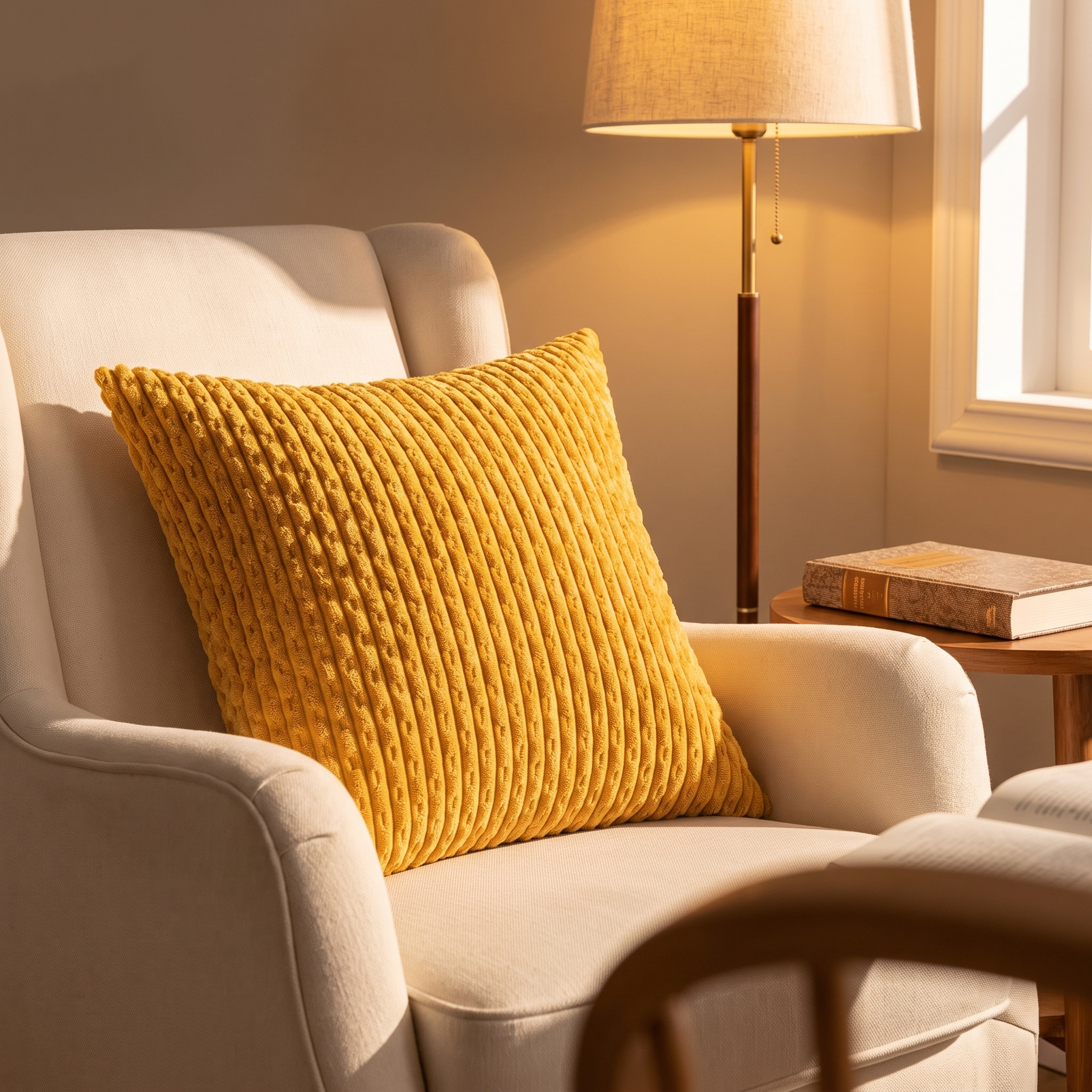 45x45 cm ribbed velvet decorative cushion in an armchair in a reading nook
