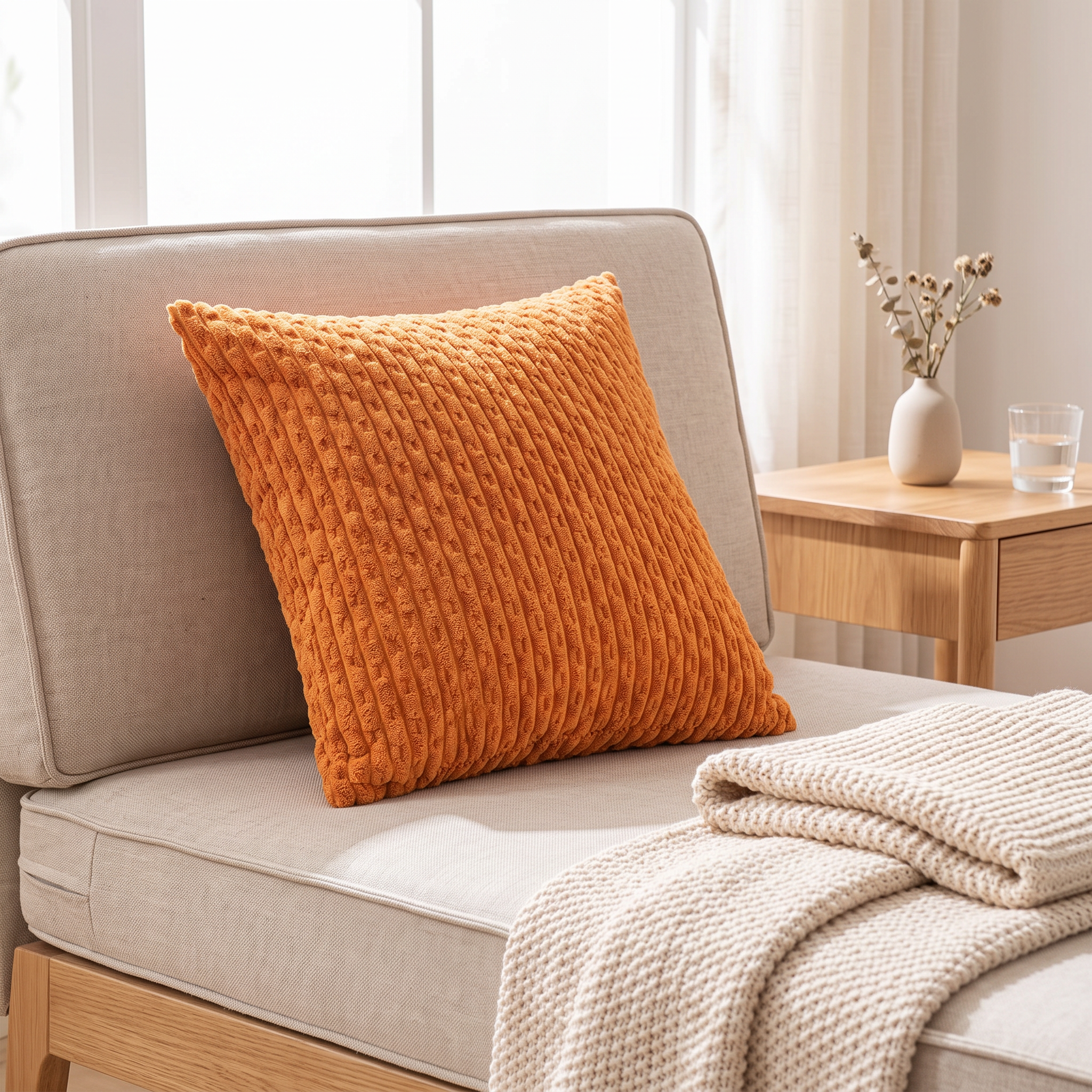 45x45 cm corduroy decorative cushion on a sofa bed in a guest room