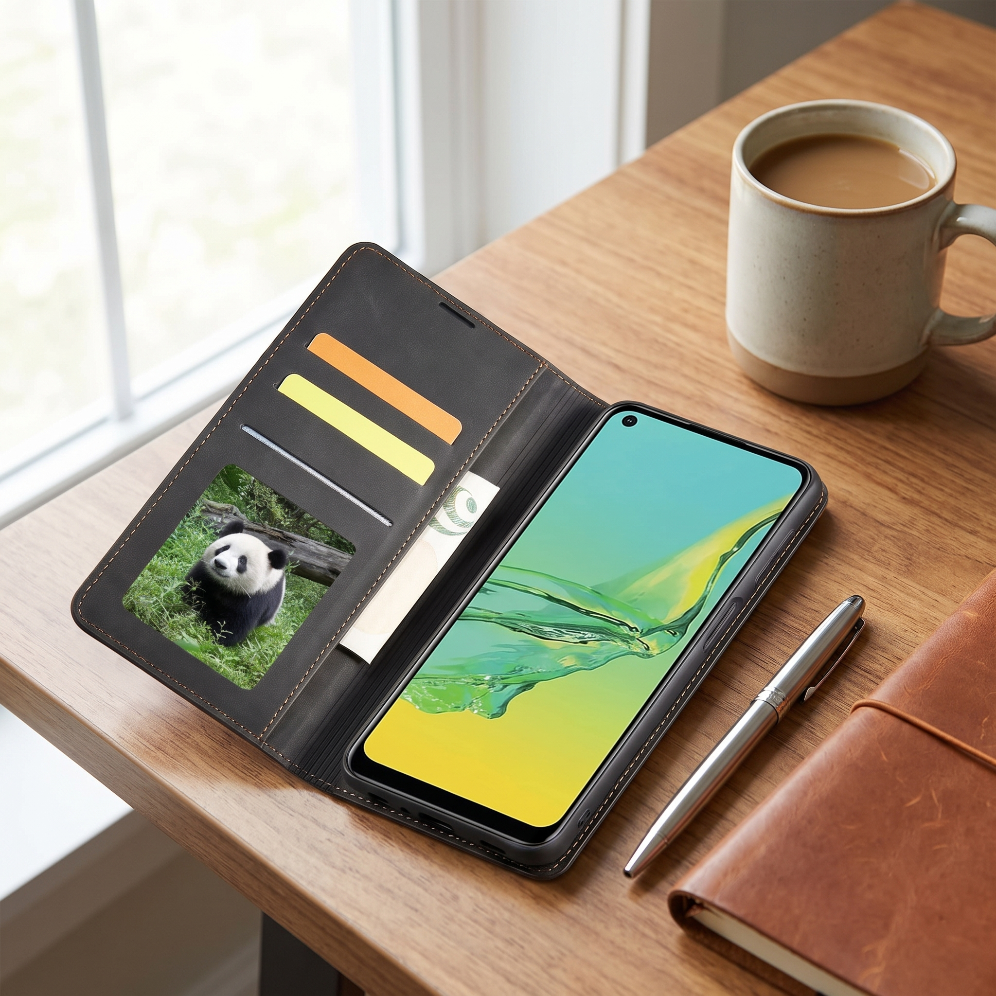 Magnetische Leder-Samsung-Telefonhülle mit Kartenhalter auf einem Schreibtisch