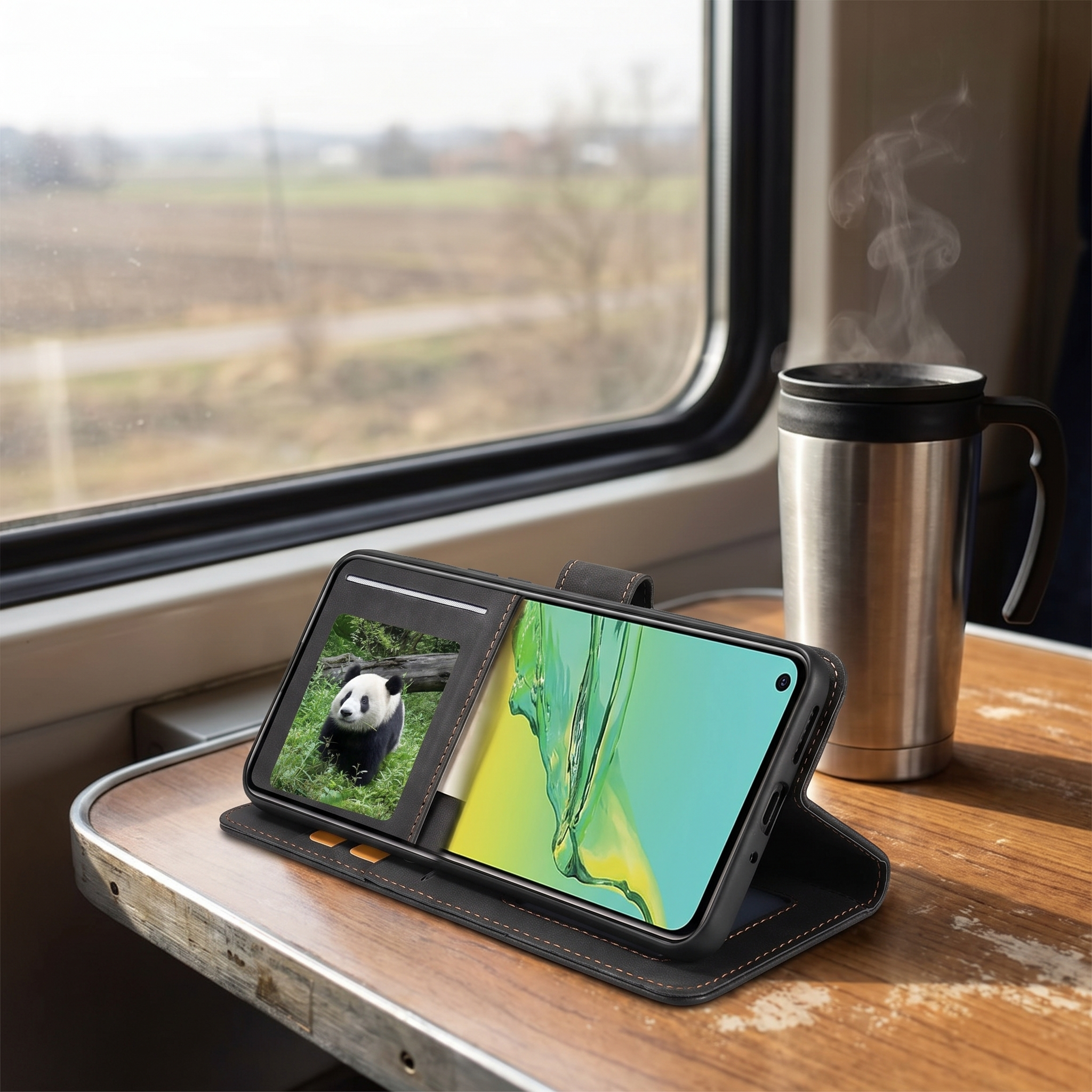 Magnetische Leder-Samsung-Klapphülle als Ständer auf einem Zugtisch aufgestellt
