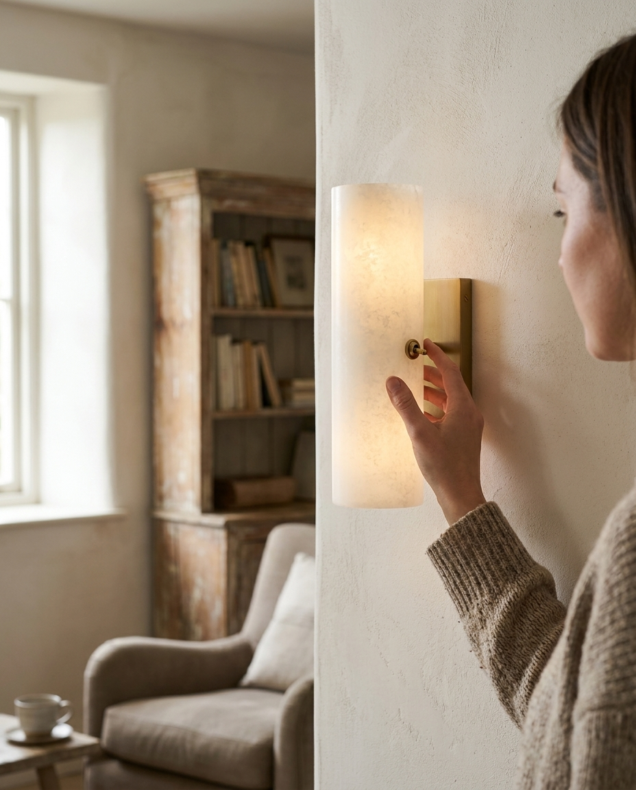 Cylindryczna lampa ścienna z alabastru i szkła w aranżacji