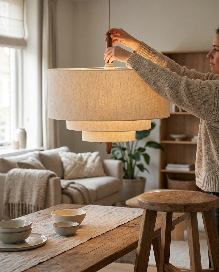 Stoffen Hanglamp voor Woonkamer & Eettafel | Design Plafondlamp in Japandi Stijl in gebruik
