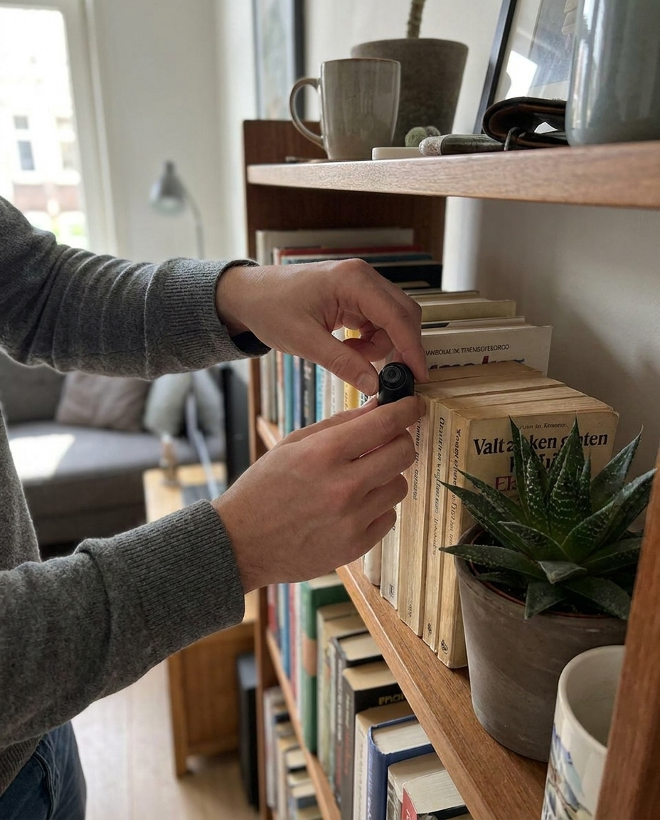 Compacte Beveiligingscamera met Wifi Nachtzicht Bewegingsdetectie Full HD Draadloos Thuisbewaking App Besturing Automatische Opname Micro SD Kaartslot Discrete Monitoring Dag en Nacht in gebruik