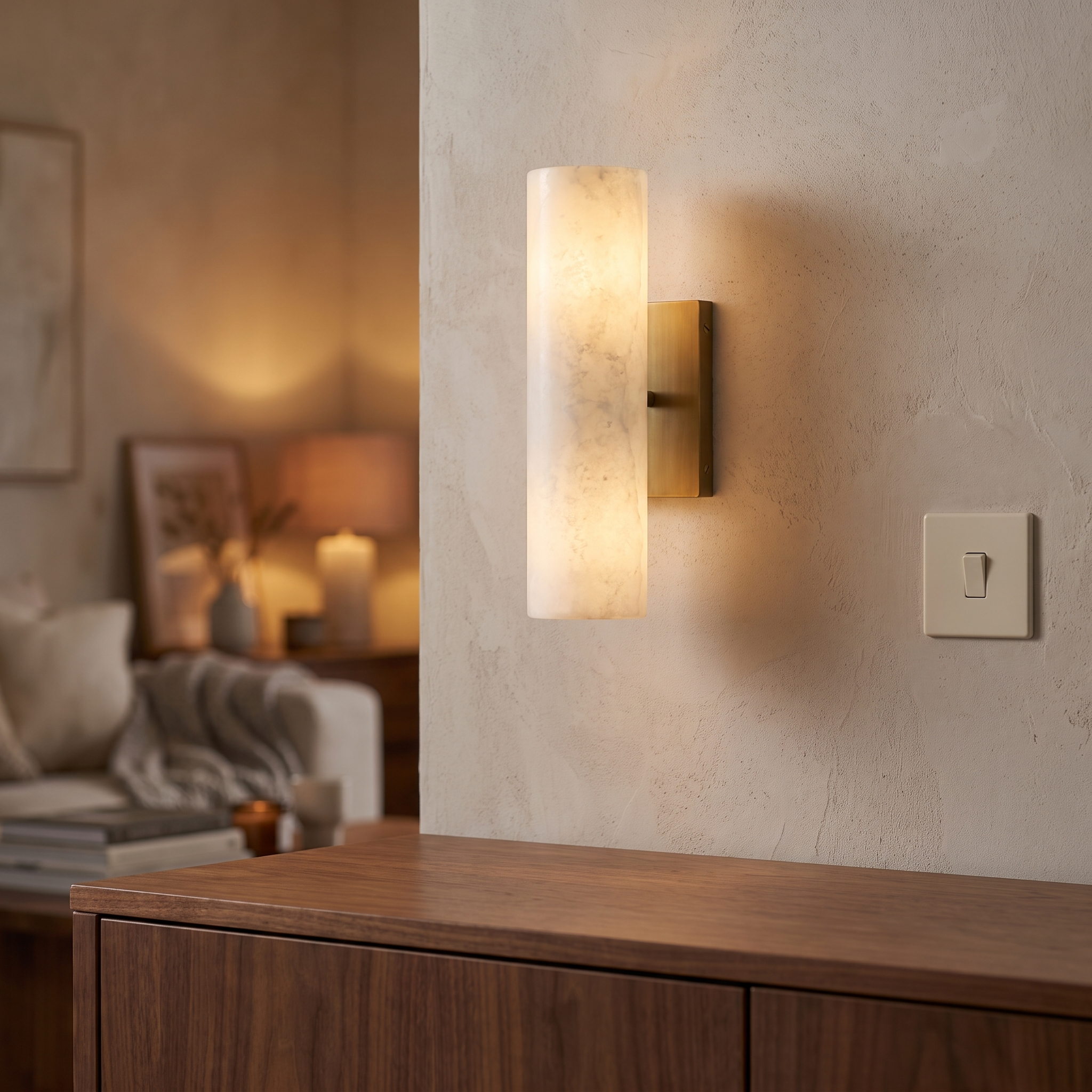 Albast wandlamp met messing behuizing boven een walnoten dressoir