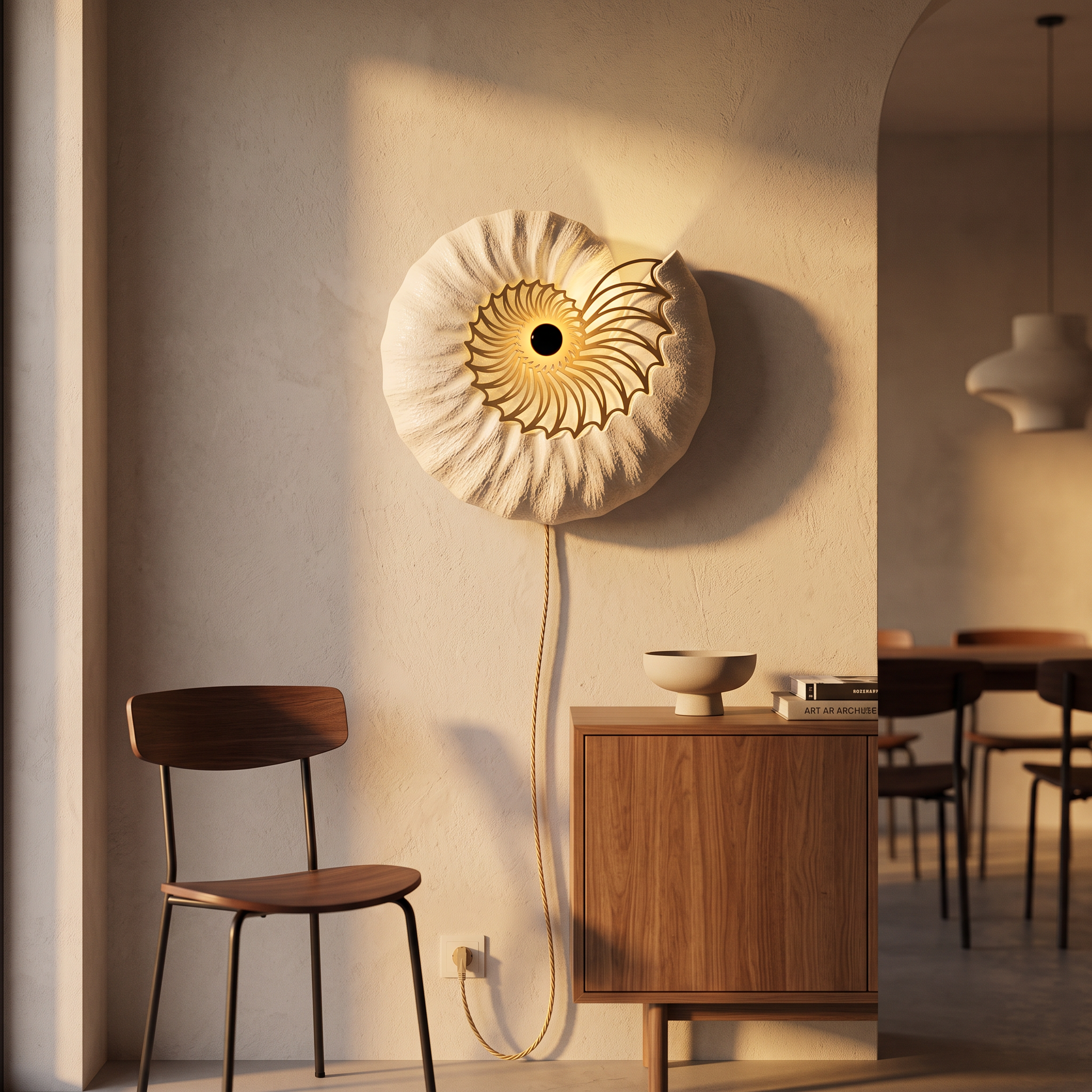 Ronde gouden wandlamp van 50 cm boven een dressoir in een eetkamer