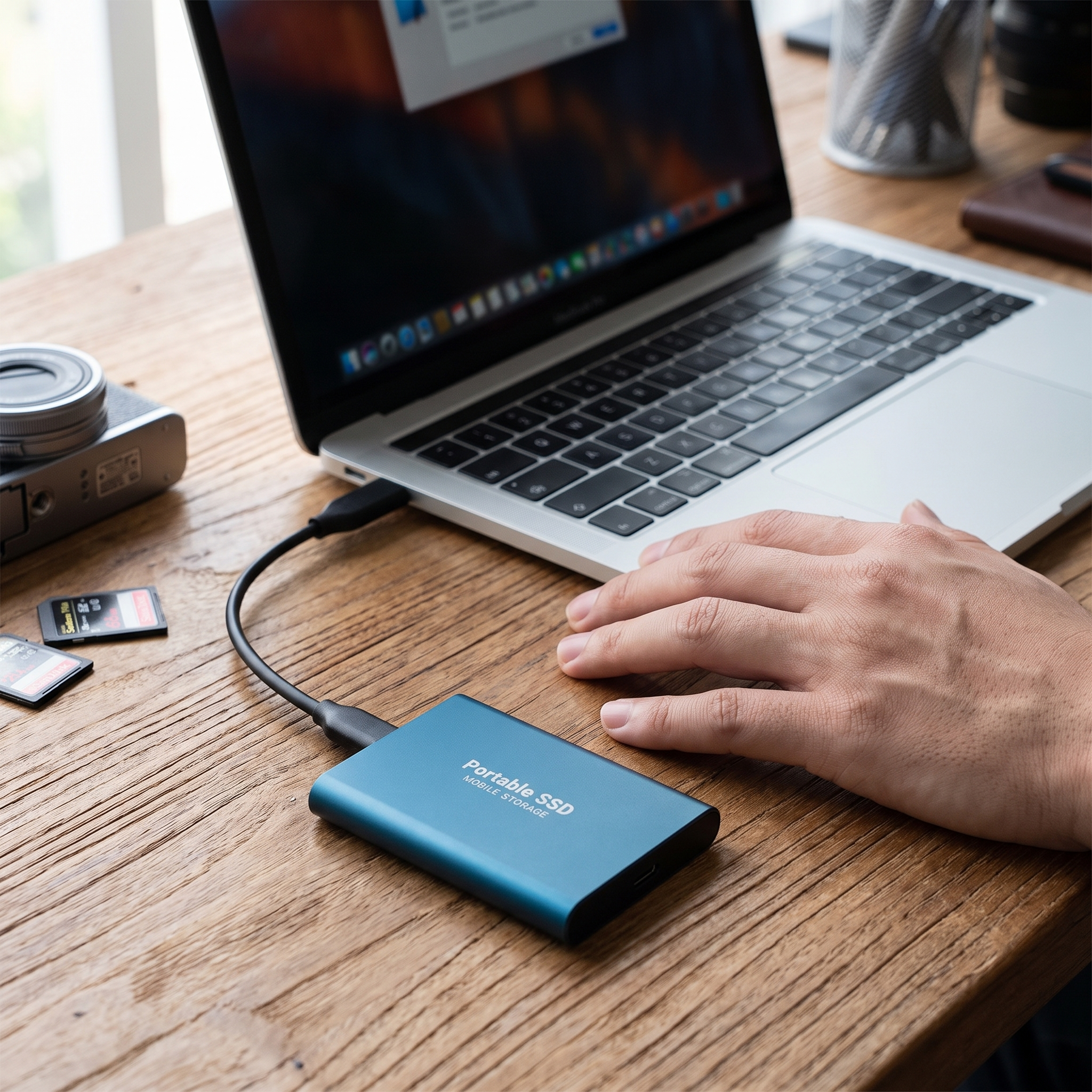 Externe SSD met USB-C aangesloten op een laptop op een bureau