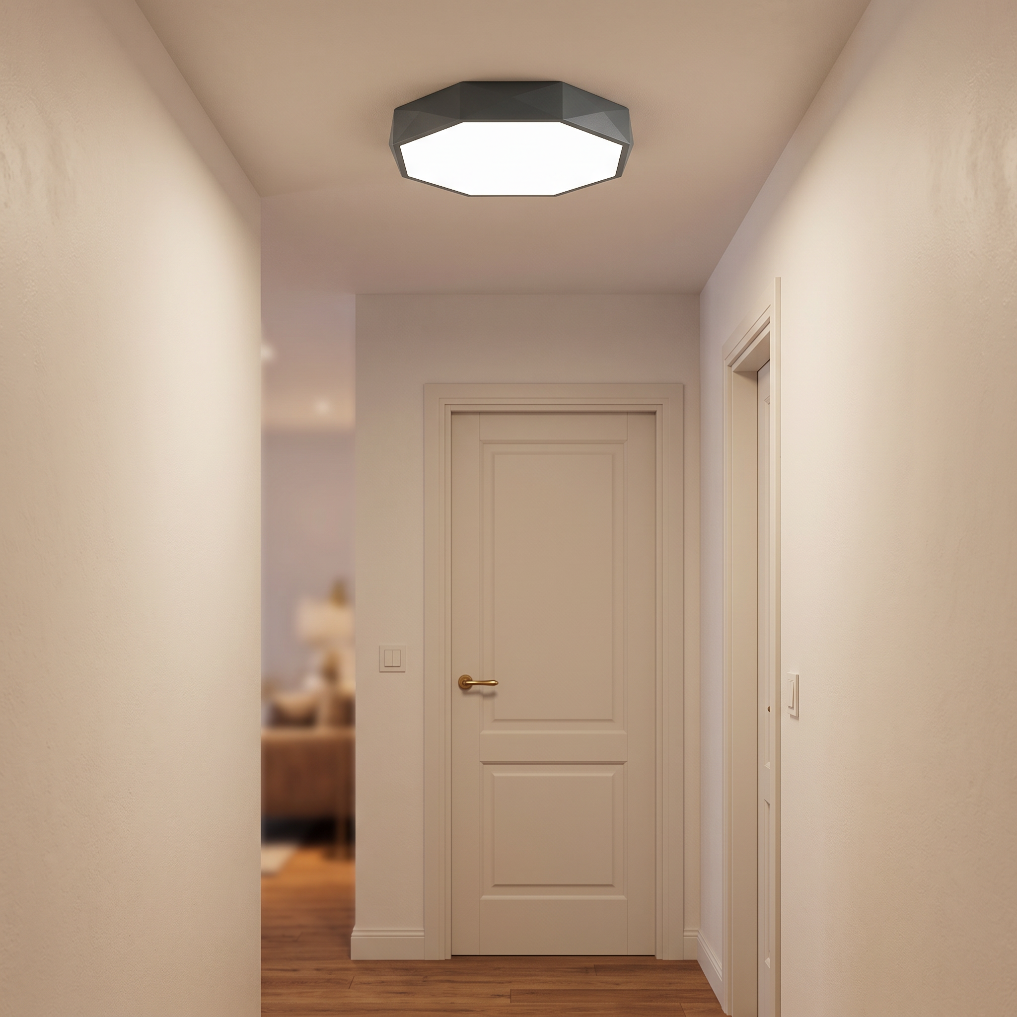 Plafondlamp van 30 cm vlak tegen het plafond van een smalle gang