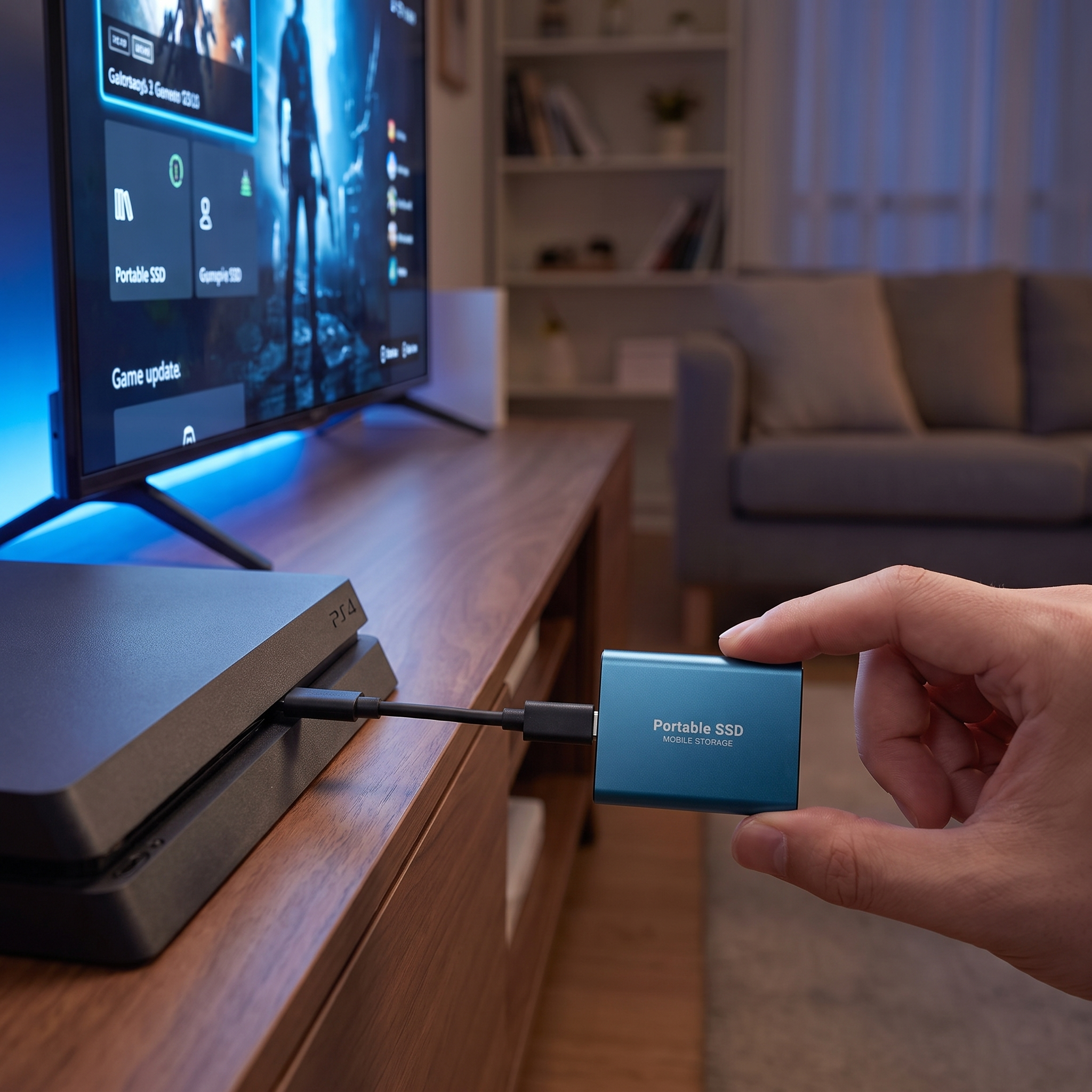 Externe SSD aangesloten op een spelconsole naast een televisie