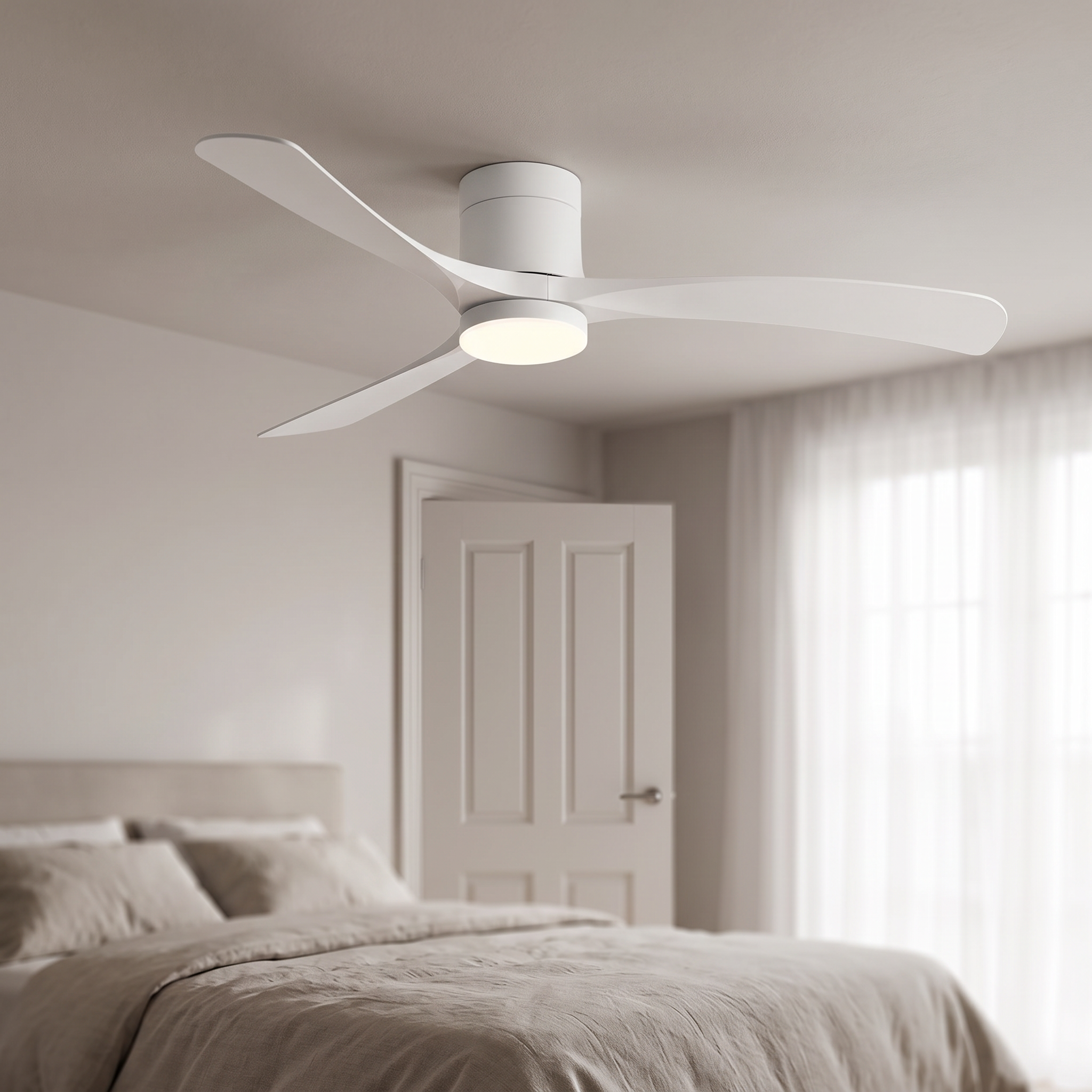 Plafondventilator met lamp aan het plafond van een slaapkamer boven een tweepersoonsbed