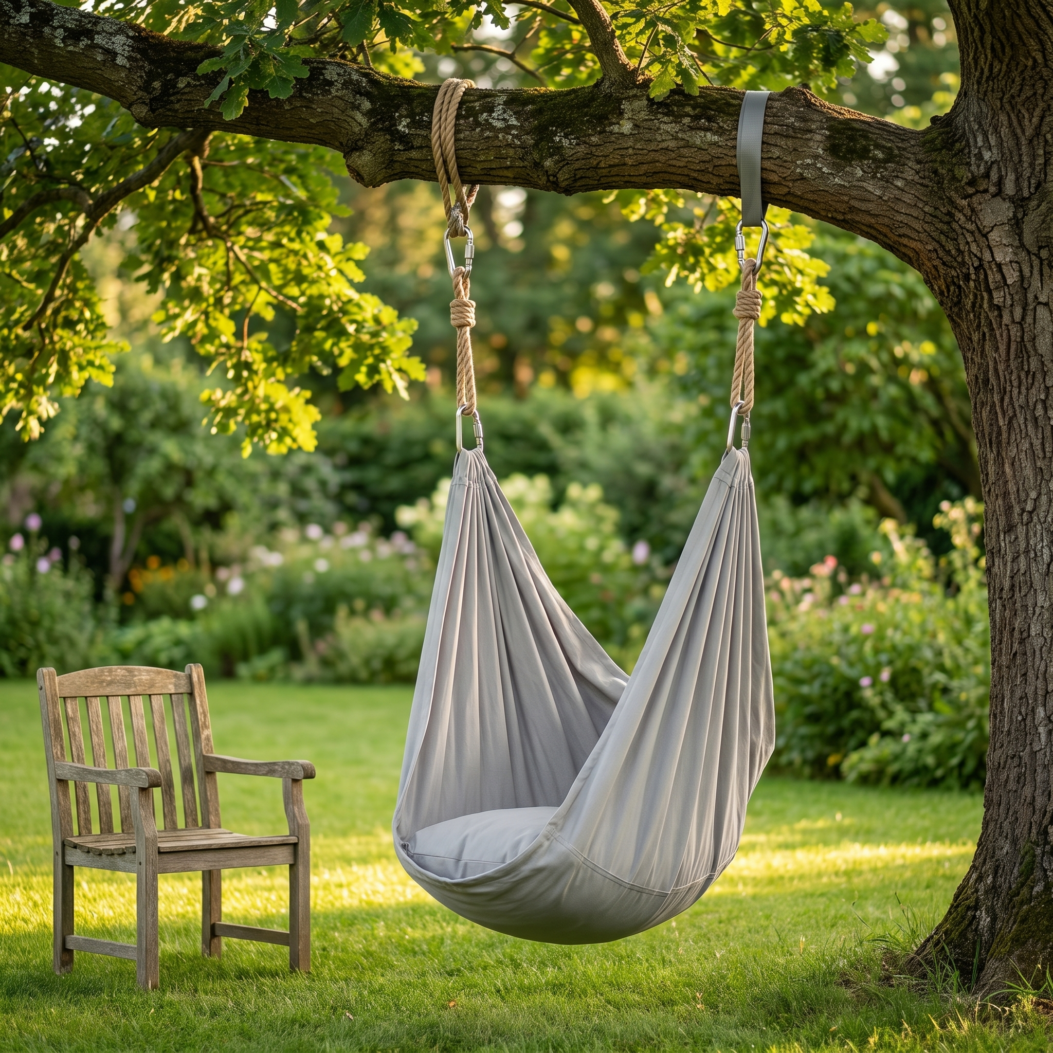 Schommeldoek hangend aan een boomtak in een tuin