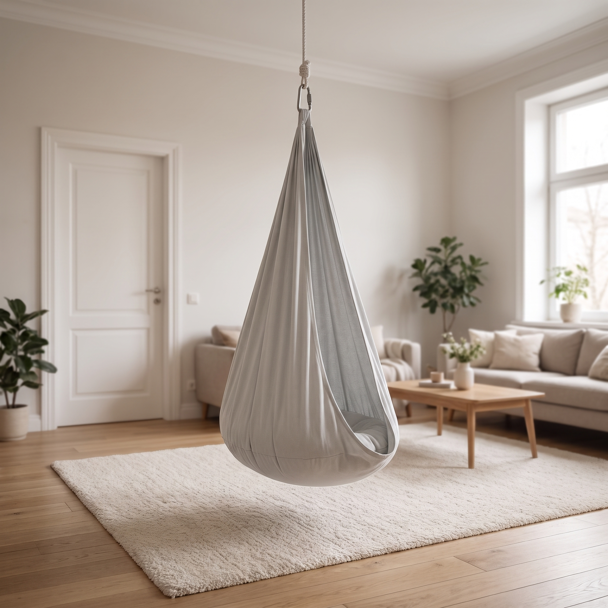 Textielschommel hangend aan het plafond van een lichte woonkamer